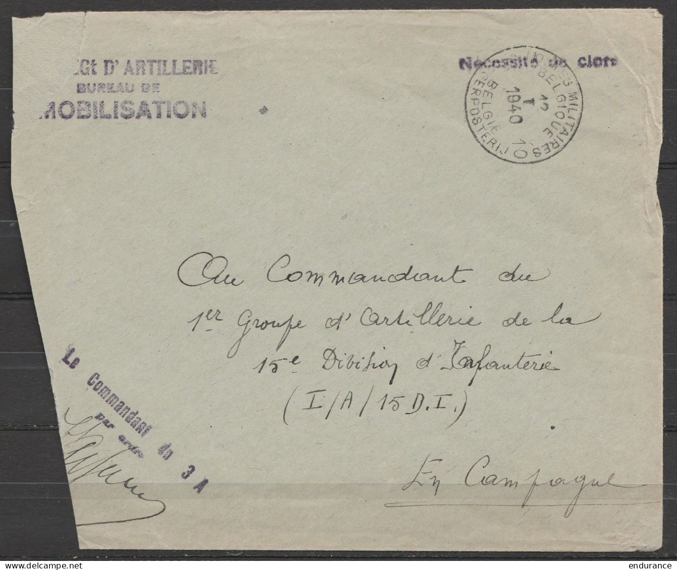 L. En S.M. (Service Militaire) Franchise - Càd POSTES MILITAIRES BELGIQUE 10/12 I 1940 - Griffe "3e Régiment D'Artilleri - Lettres & Documents