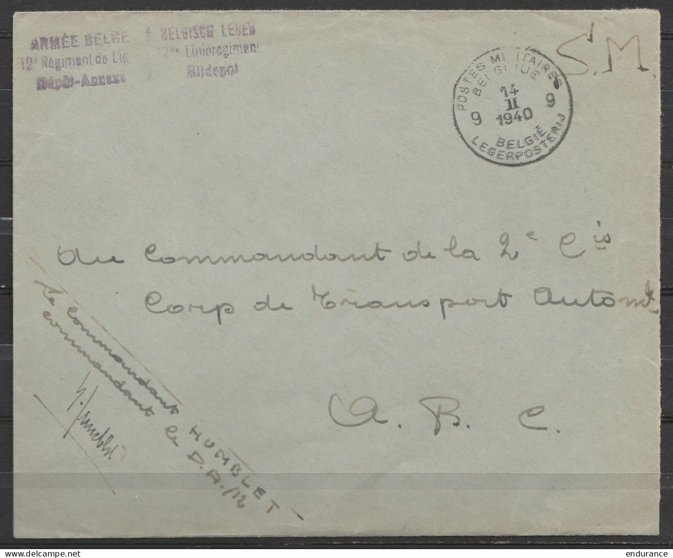 L. En S.M. (Service Militaire) Franchise - Càd POSTES MILITAIRES BELGIQUE 9/14 II 1940 - Griffe "Armée Belge/12e Régimen - Lettres & Documents