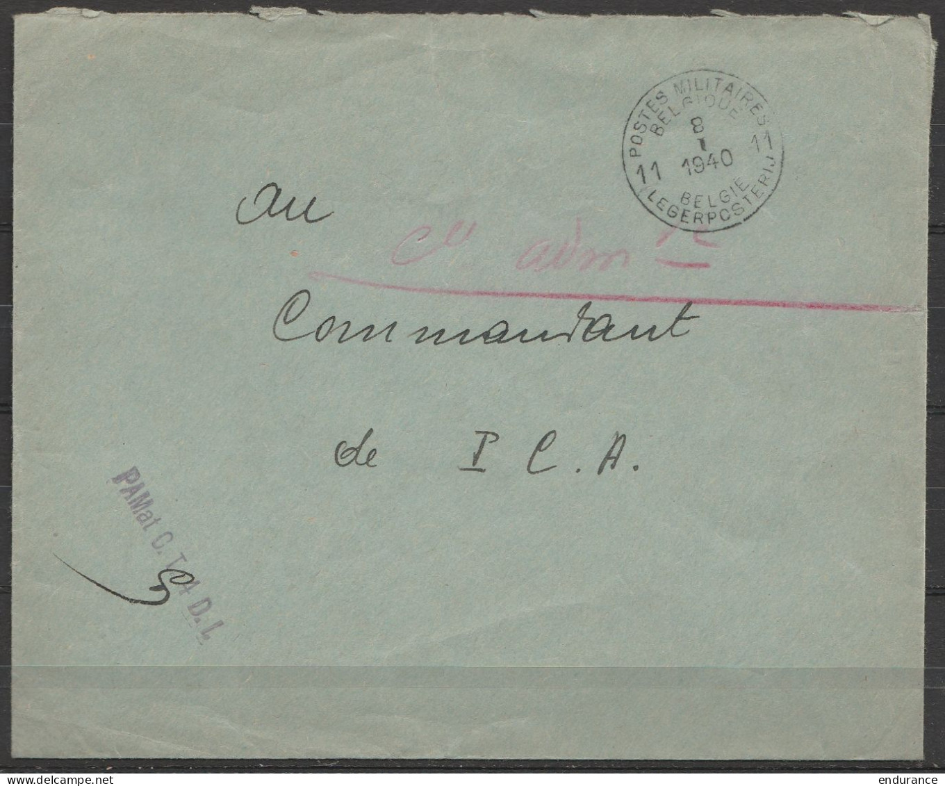 L. En S.M. (Service Militaire) Franchise - Càd POSTES MILITAIRES BELGIQUE 11/8 I 1940 - Griffe "PAMat C.D.4 D.L." Pour C - Briefe U. Dokumente