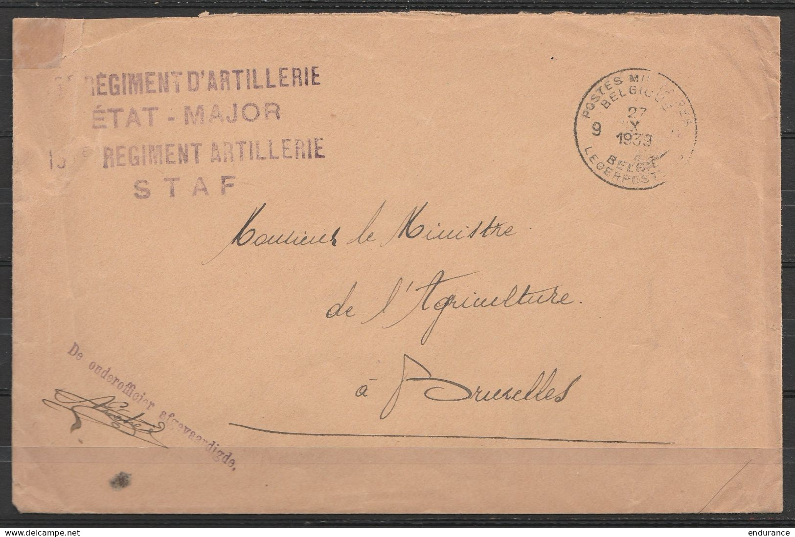 L. En S.M. (Service Militaire) Franchise - Càd POSTES MILITAIRES BELGIQUE 9/27 X 1939 - Griffe "15e Régiment D'Artilleri - Covers & Documents