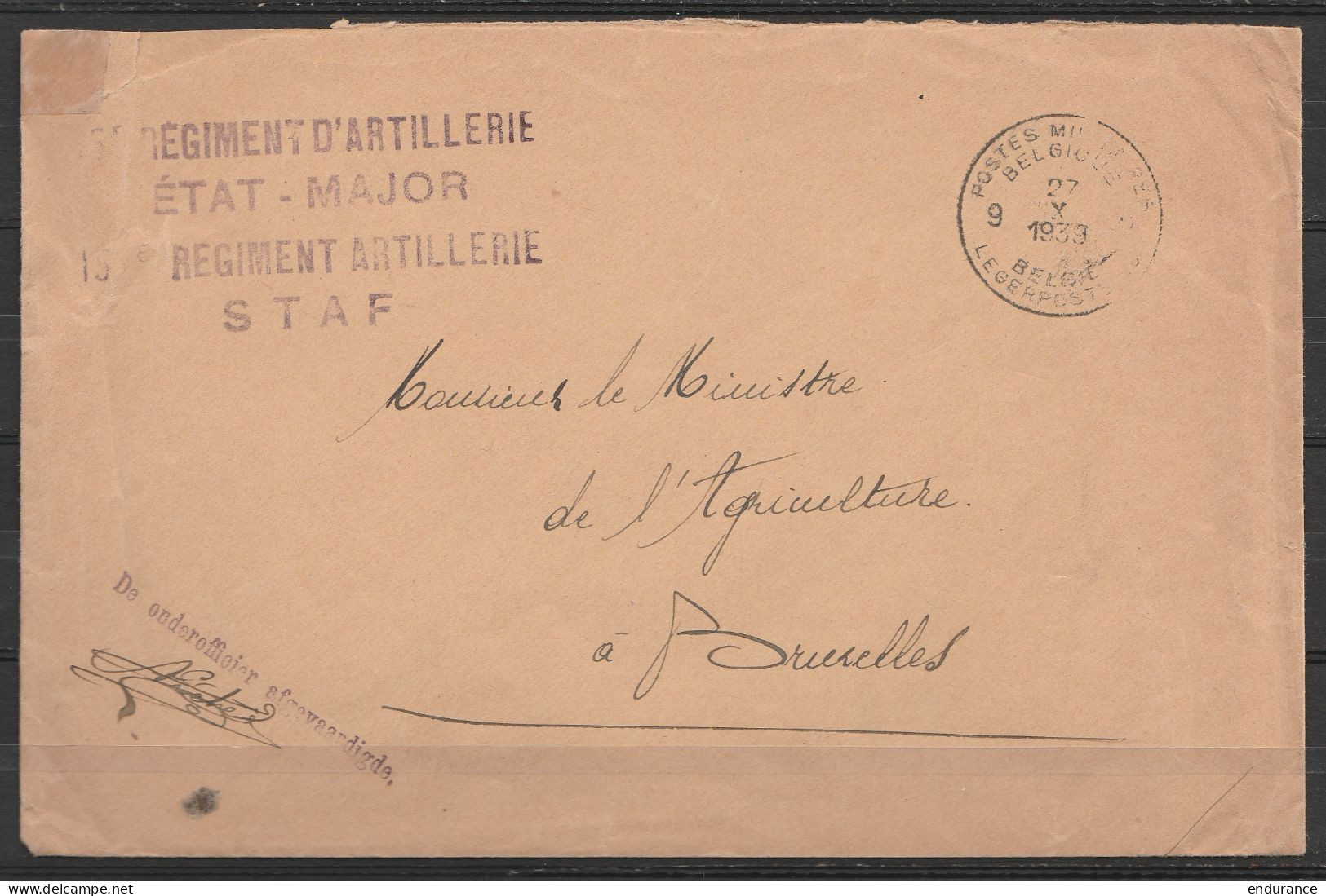 L. En S.M. (Service Militaire) Franchise - Càd POSTES MILITAIRES BELGIQUE 9/27 X 1939 - Griffe "15e Régiment D'Artilleri - Storia Postale