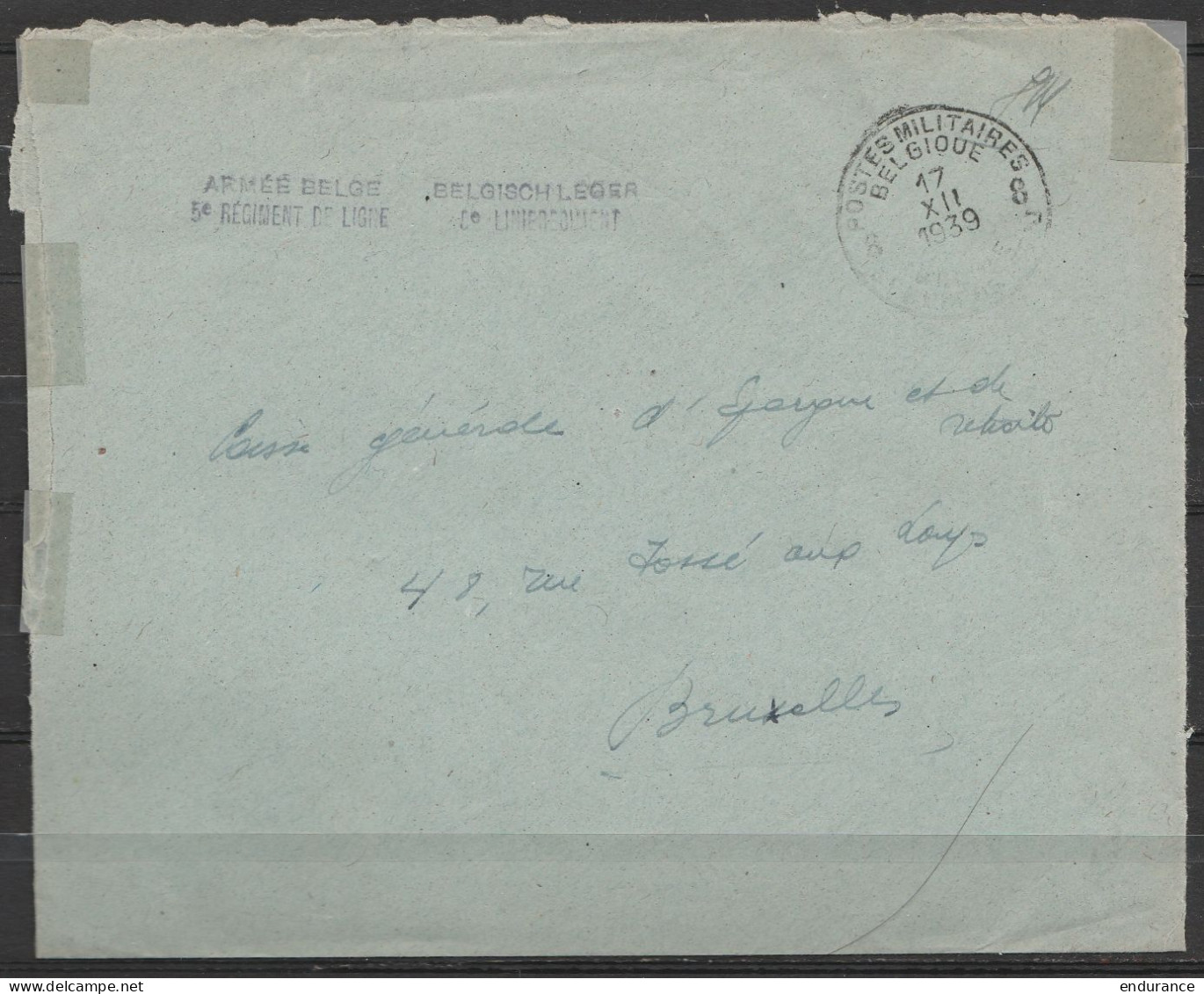 L. En S.M. (Service Militaire) Franchise - Càd POSTES MILITAIRES BELGIQUE 8/17 XII 1939 - Griffe "ARMEE BELGE - BELGISCH - Lettres & Documents