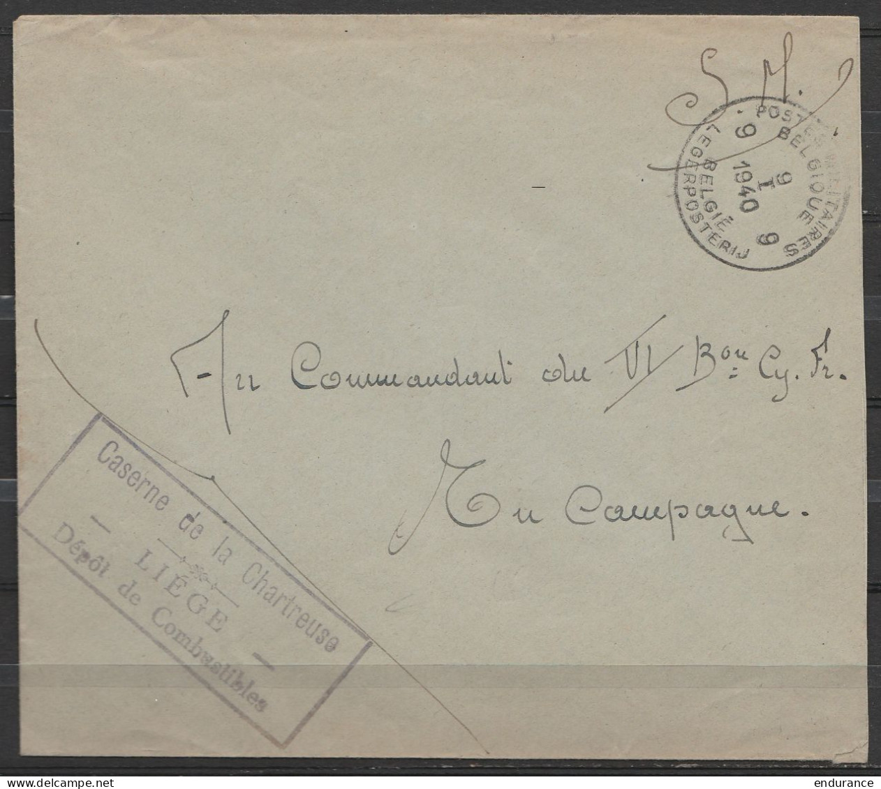 L. En S.M. (Service Militaire) Franchise - Càd POSTES MILITAIRES BELGIQUE 9/9 I 1940 - Cachet [Caserne De La Chartreuse  - Lettres & Documents