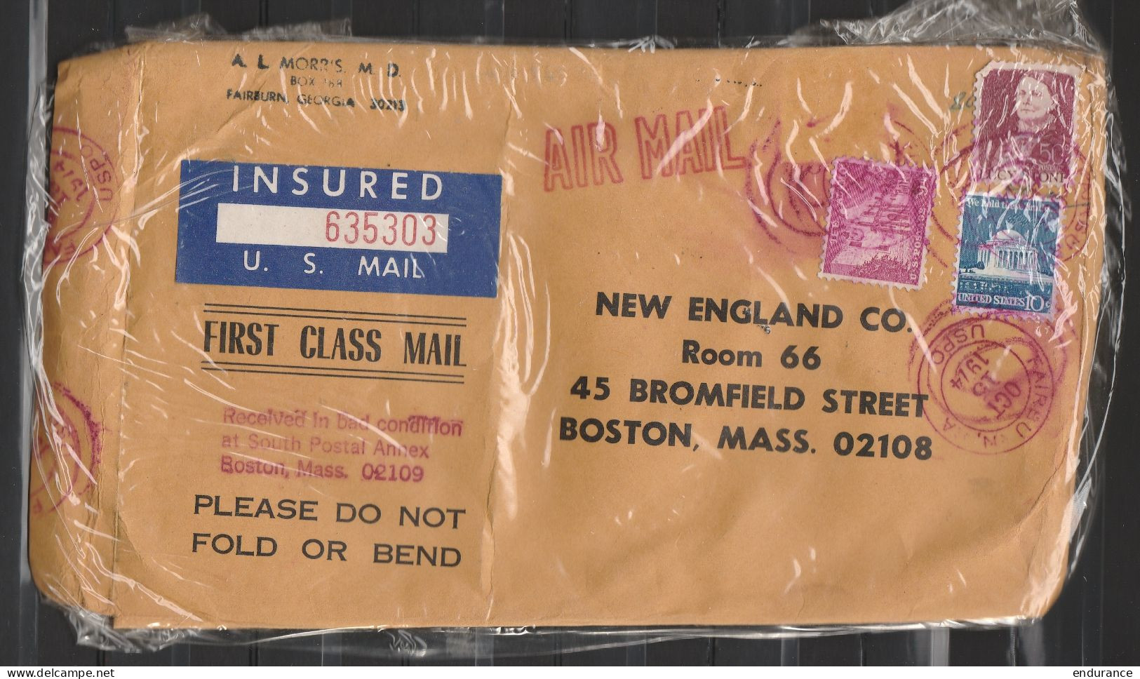 USA - Courrier Recommandé Accidenté Càd FAIRBURN (GA)/OCT 15 1974 Pour BOSTON (MA) Sous Pochette Plastique (emballée Par - Cartas & Documentos