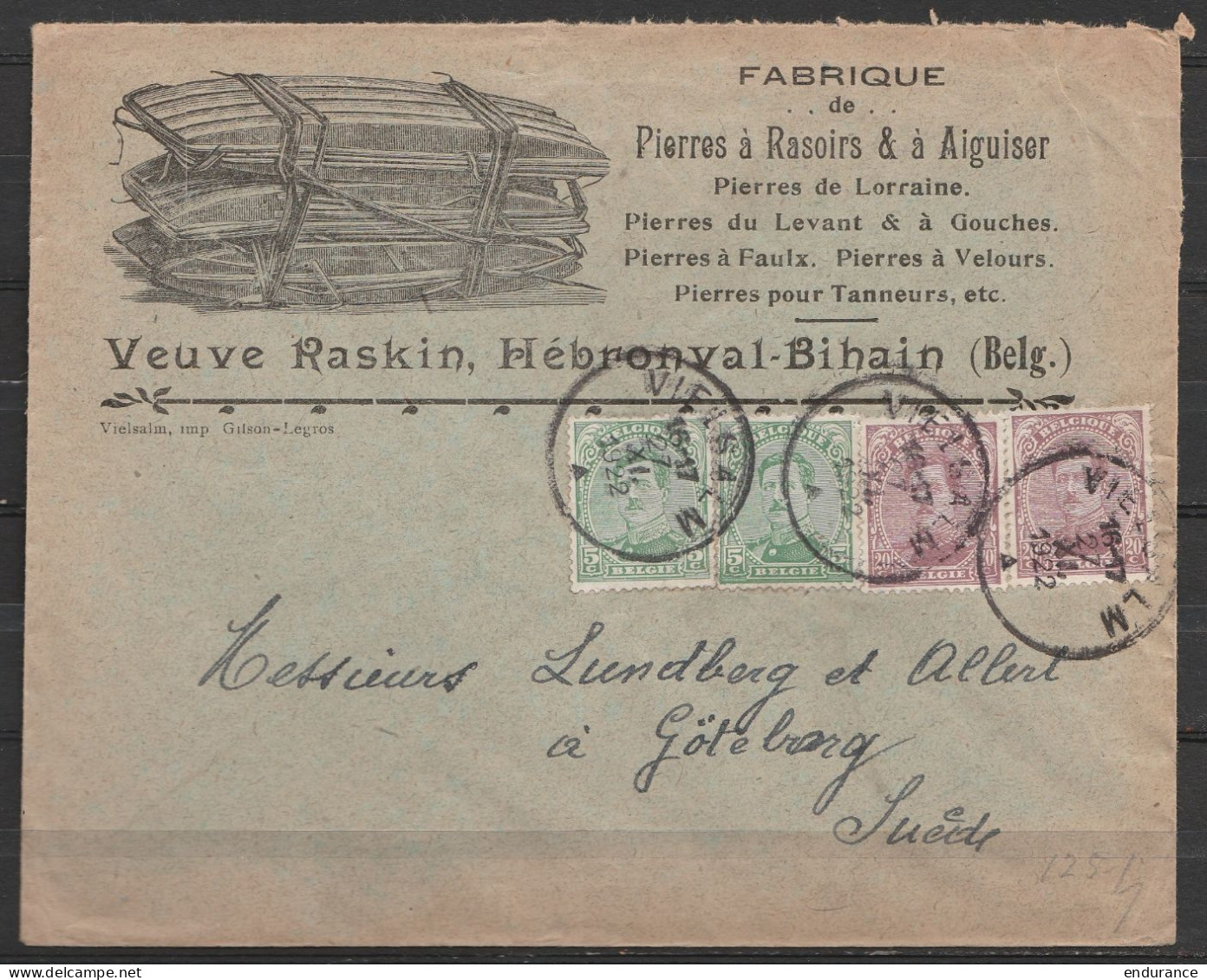 L. Entête Fabrique De Pierres à Rasoirs & à Aiguiser Affr.N°137x2 + 140x2 Càd VIELSALM /27 XI 1922 Pour GÖTEBORG (Suède) - 1914-1915 Croix-Rouge