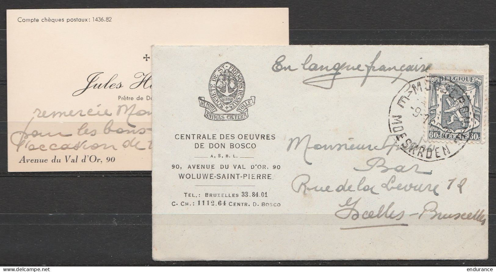 Env. Carte Visite Entête Centrale Des Œuvres De Don Bosco Affr.N°527 Càd MOUSCRON /-9-1.1945/ MOESKROEN Pour IXELLES - 1935-1949 Klein Staatswapen