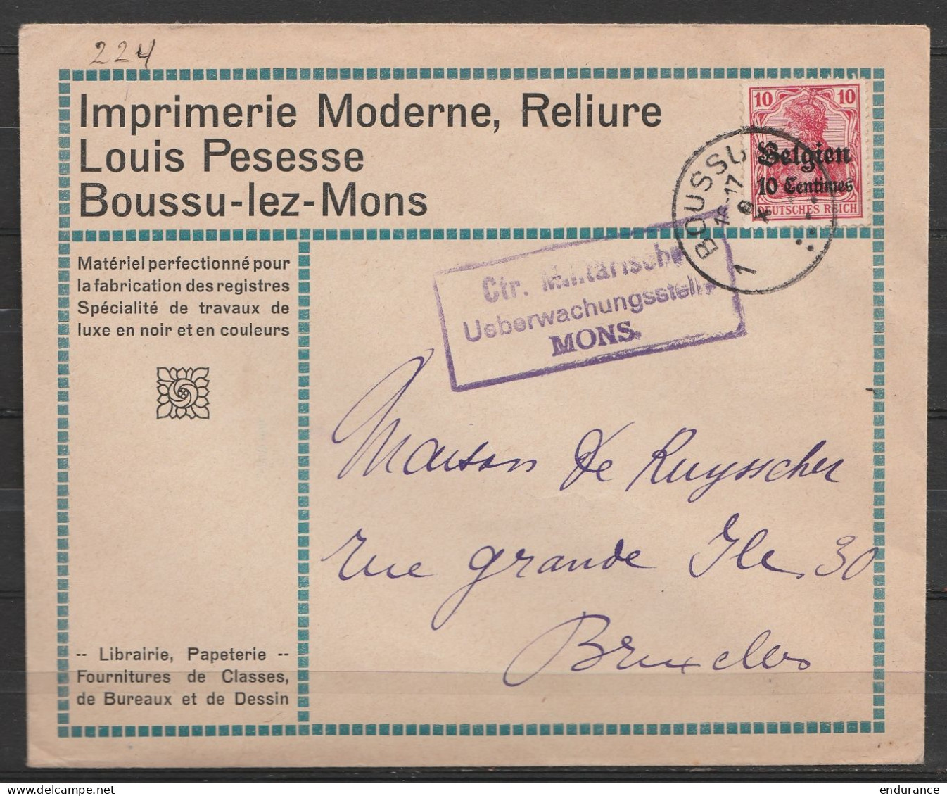 L. Entête Imprimerie à Boussu-lez-Mons Affr.N°OC3 Càd BOUSSU /6 X (1915?) Pour BRUXELLES - Cachet Censure Militaire Alle - OC1/25 Gobierno General