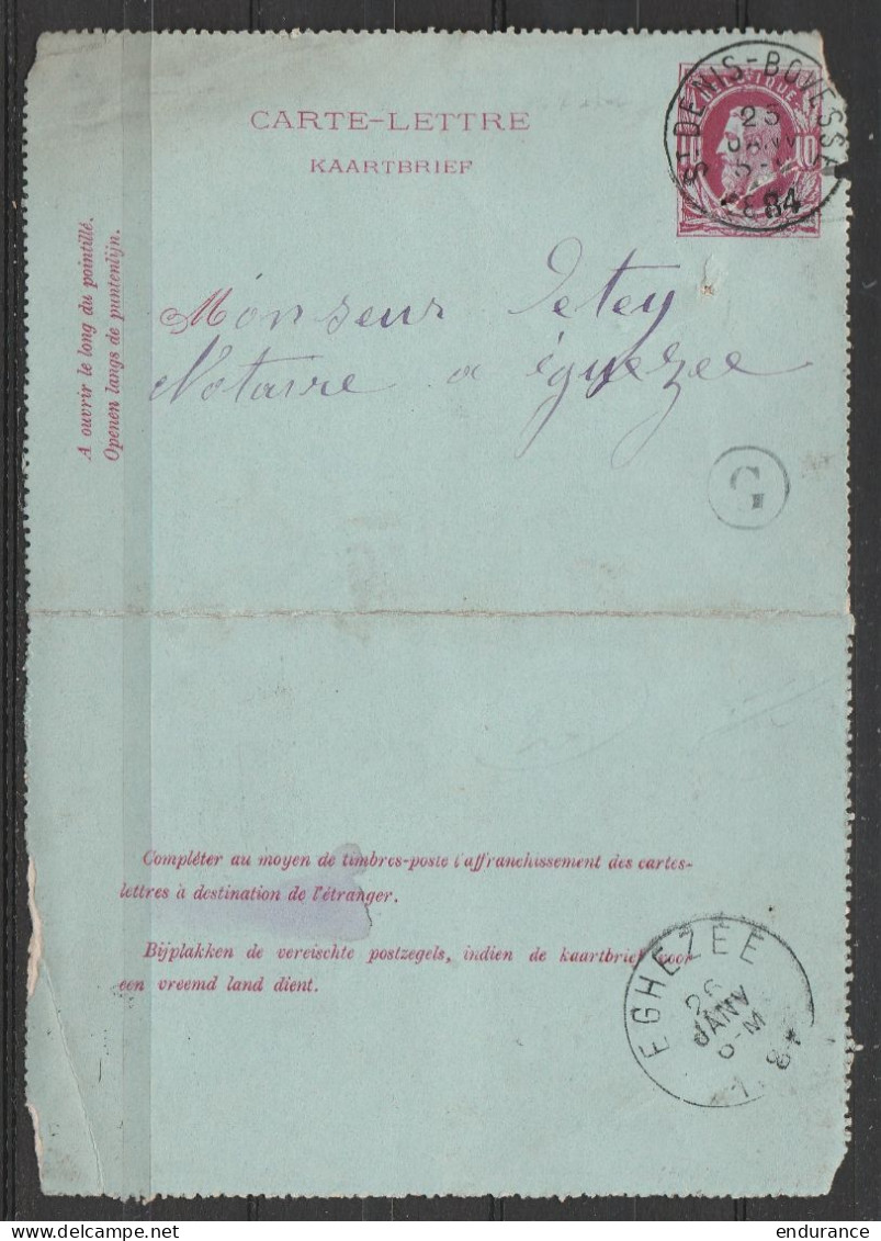 Carte-lettre 10c Rouge Càd ST-DENIS-BOVESSE /25 JANV 1884 Pour Notaire à EGHEZEE (état Moyen - Voir Scan) - Carte-Lettere