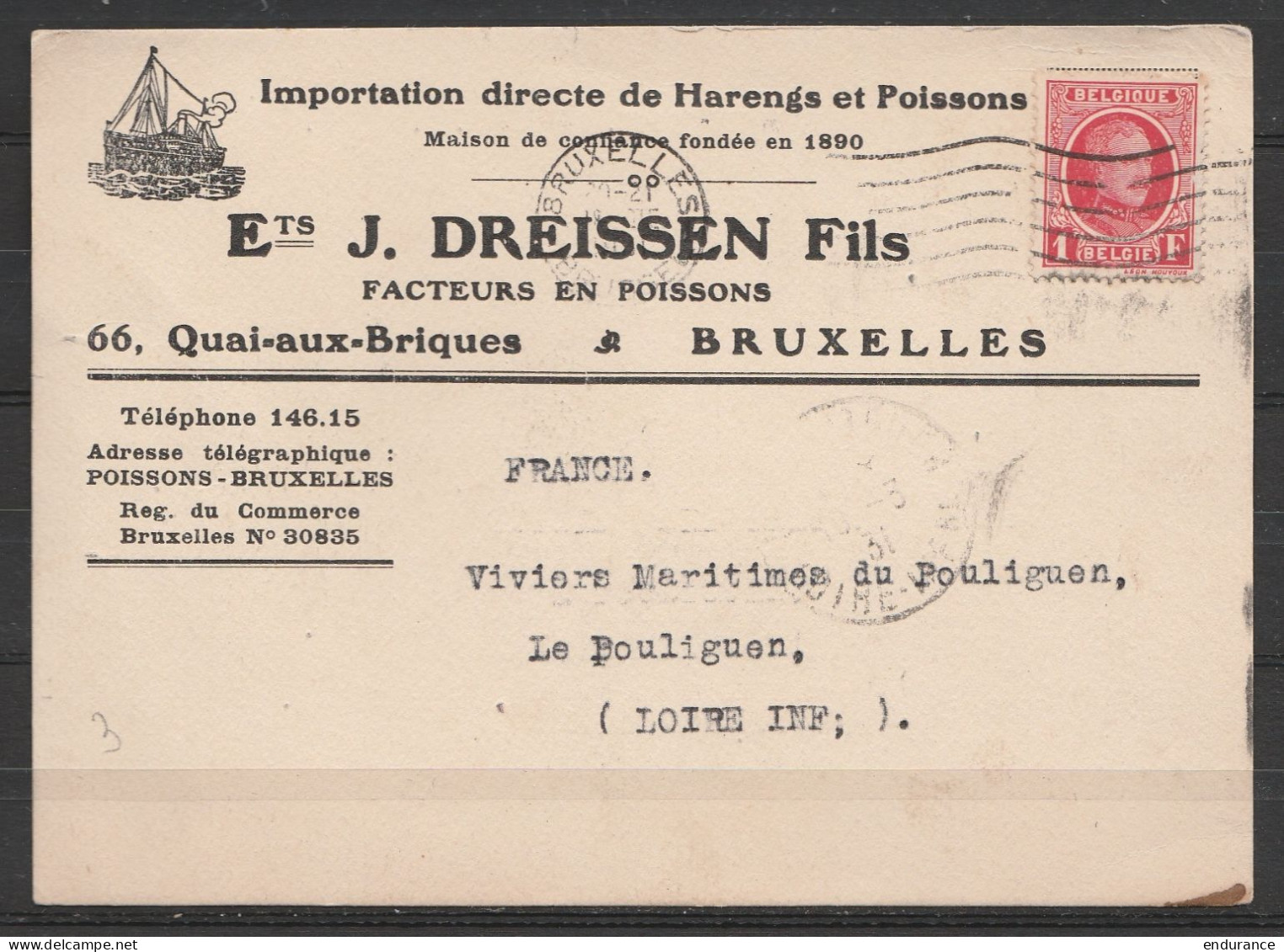 CP. Entête Facteurs En Poissons Affr.N°256 Flam. BRUXELLES /18 MARS 1931 Pour LE POULIGEN (France) - 1922-1927 Houyoux