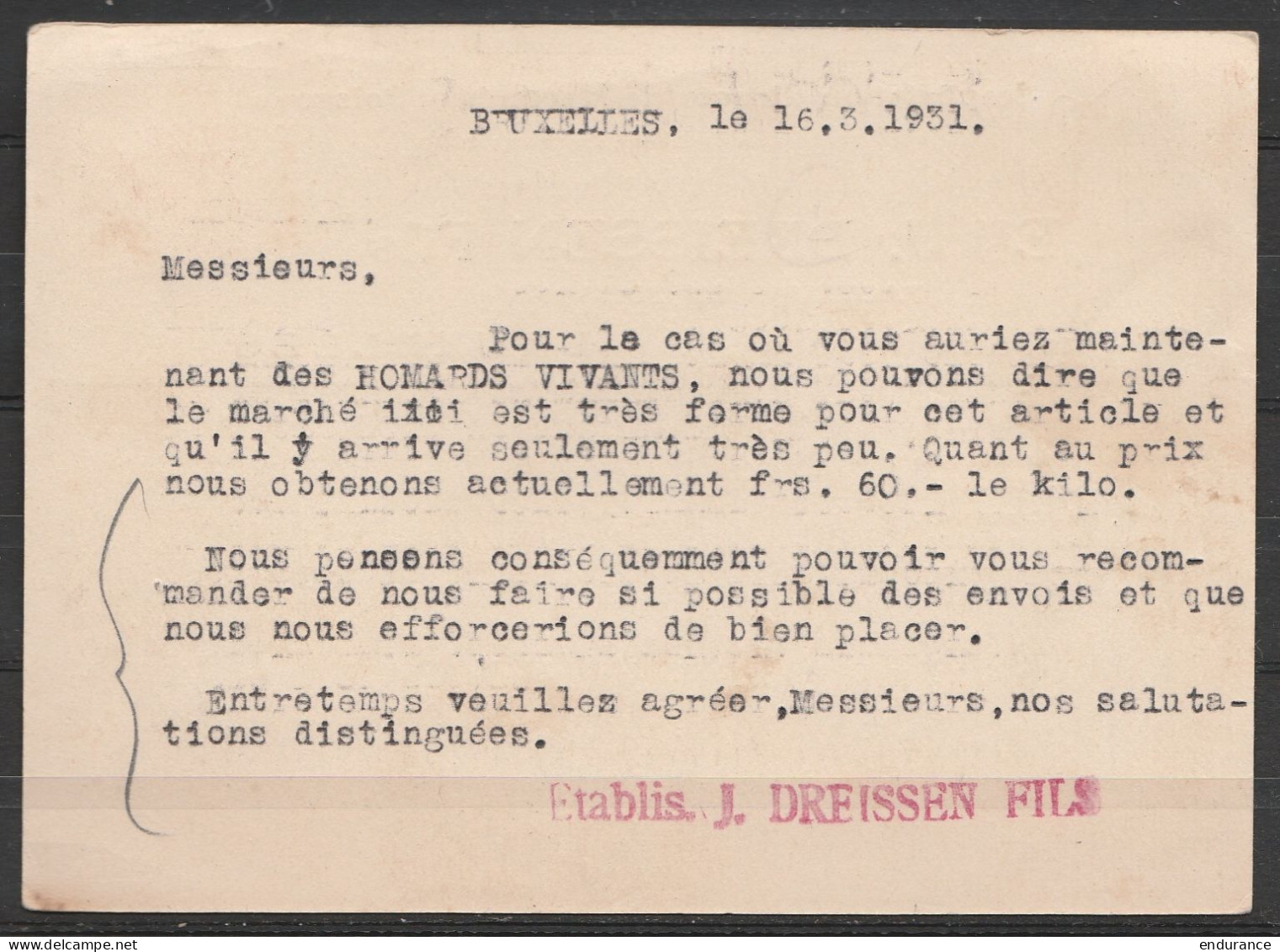 CP. Entête Facteurs En Poissons Affr.N°256 Flam. BRUXELLES /18 MARS 1931 Pour LE POULIGEN (France) - 1922-1927 Houyoux