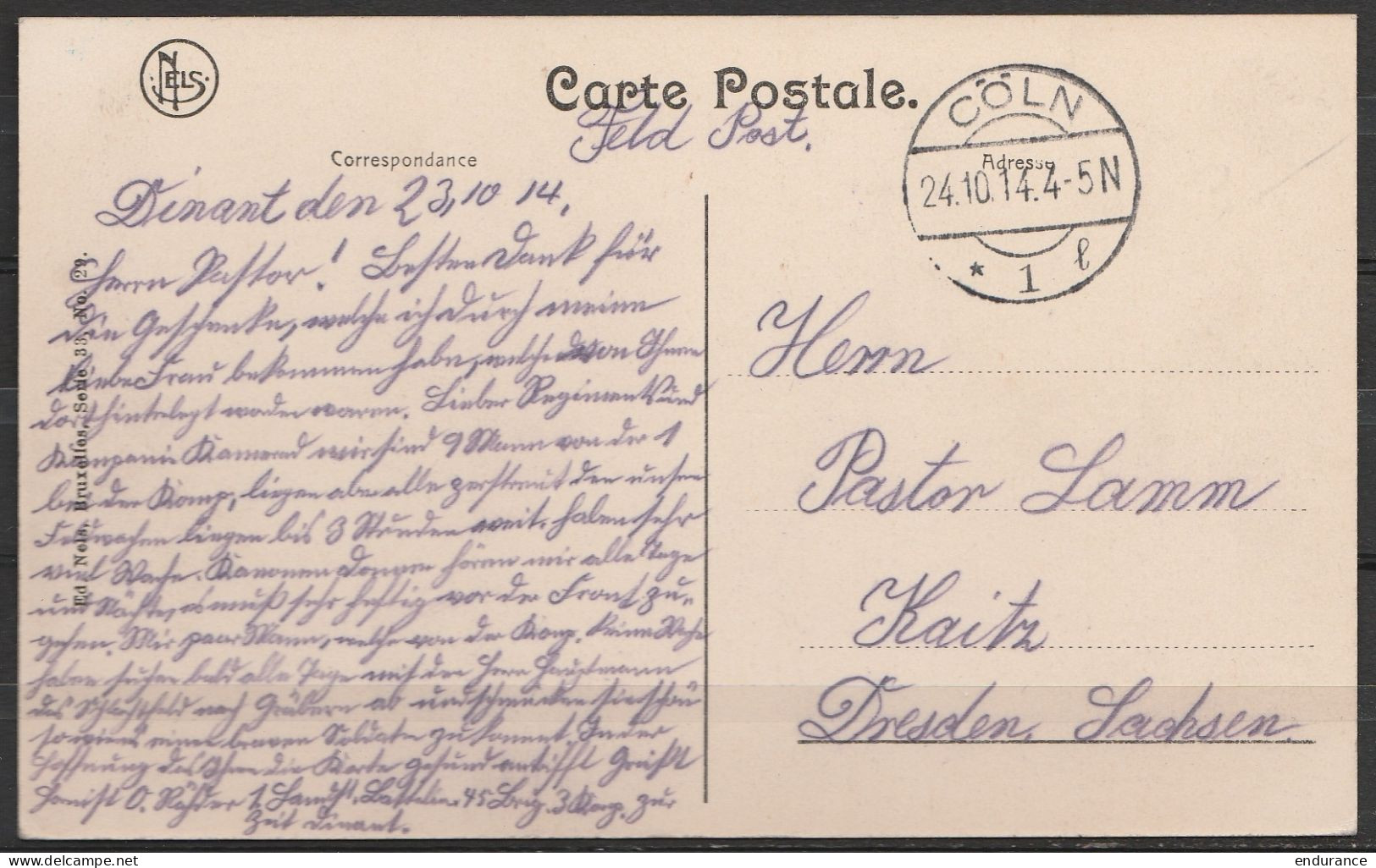 CP Dinant - Feldpost De DINANT 23-10-1914 Càpt CÖLN /24.10.1914 Pour DRESDEN - Deutsche Armee