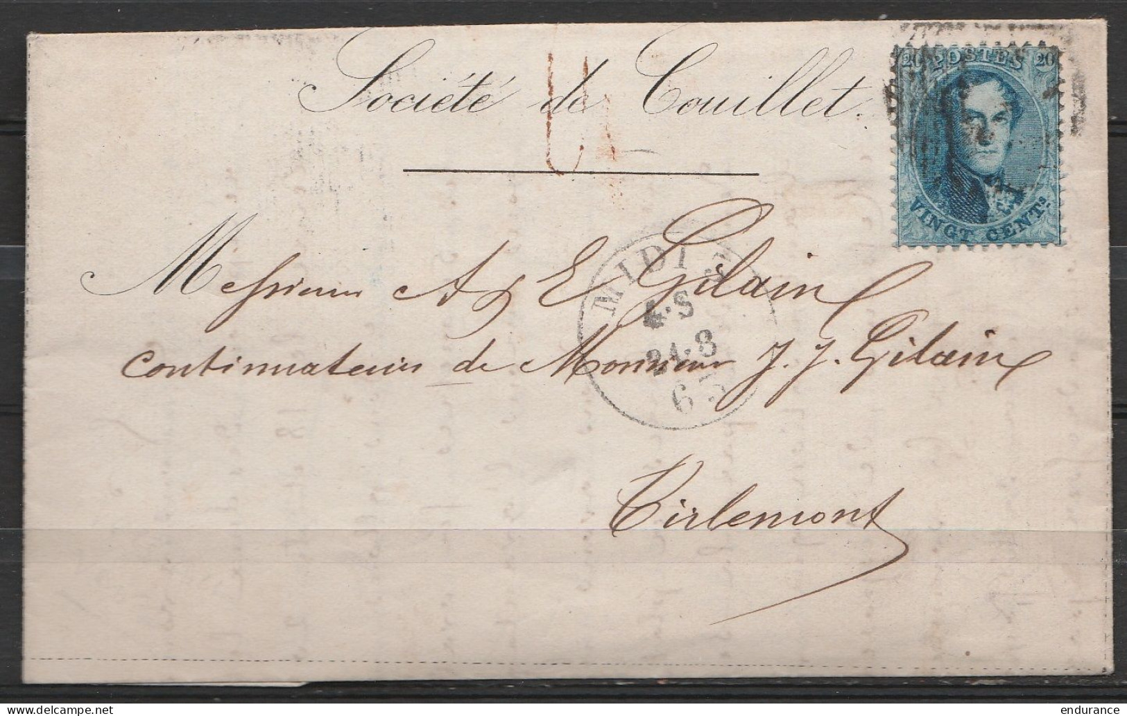 L. Entête Soc Des Hauts Fourneaux De Couillet Et Marcinelle Affr. N°14 Càd MIDI 3/24-8-1863 Pour TIRLEMONT (au Dos: Càd  - 1863-1864 Medaillen (13/16)