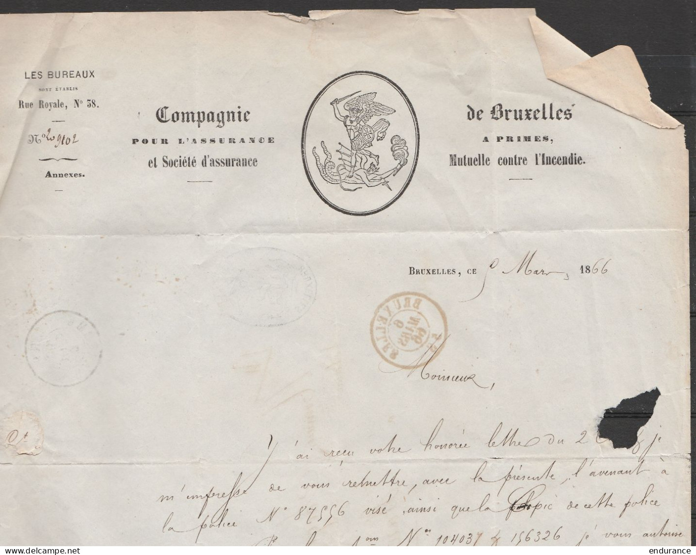 L. Entête "Mutuelle Contre L'incendie" Affr. N°20 Lpts 60 Càd BRUXELLES /6 MARS 1866 Pour Notaire à WAREMME - Cachet Ova - 1865-1866 Profile Left