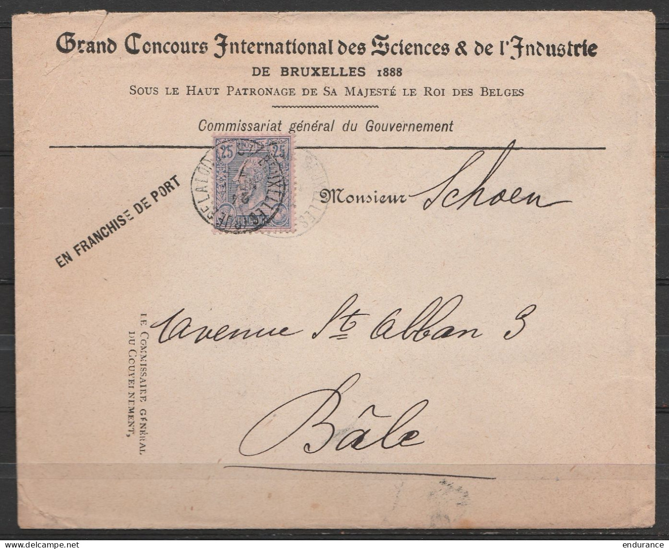 L. Entête "Concours Des Sciences Et De L'Industrie" Affr. N°48 Càd BRUXELLES (RUE DE LA LOI)/24 NOV 1888 Pour BALE (Suis - 1884-1891 Leopoldo II