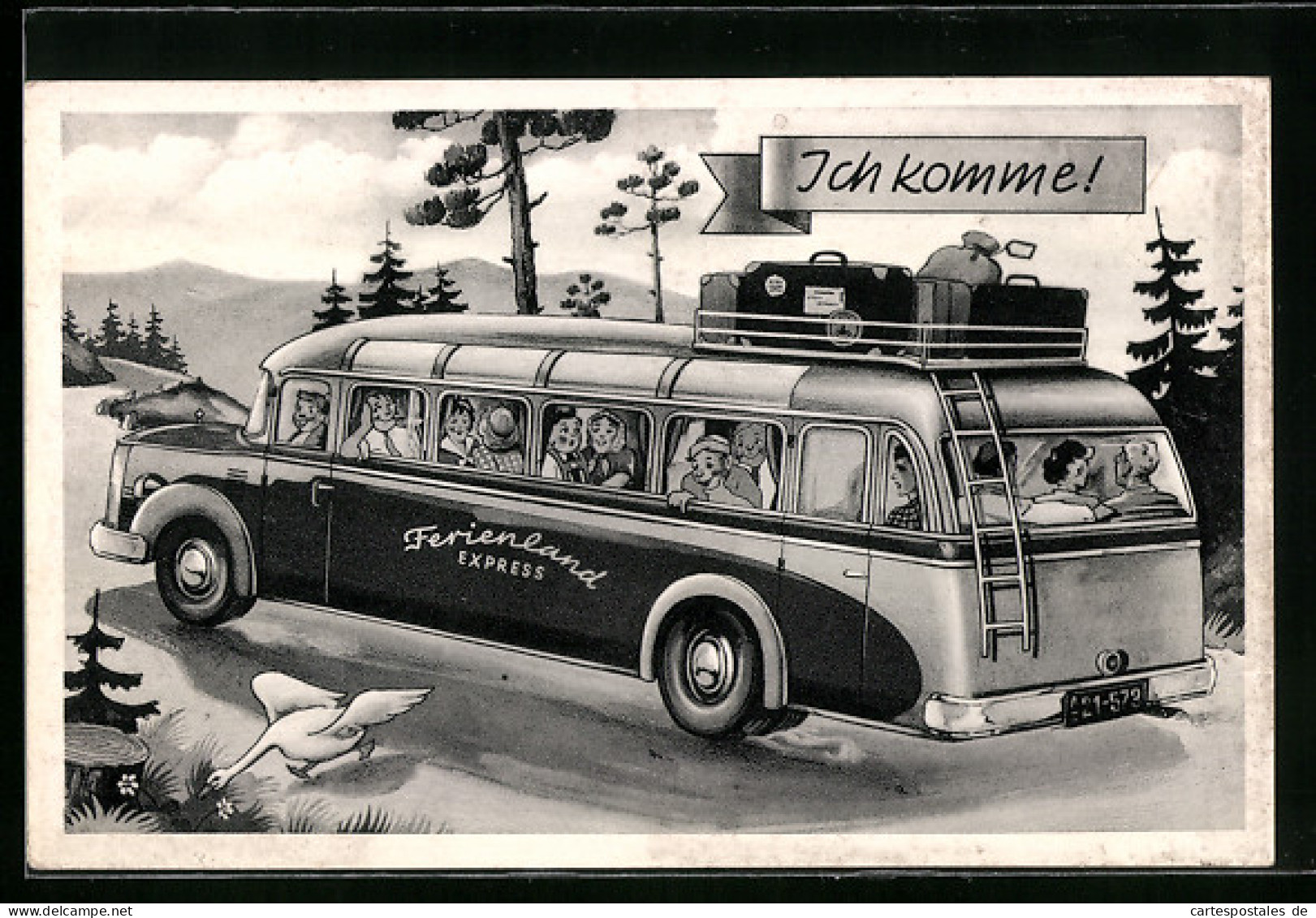 Künstler-AK Ich Komme!, Ferienland Express, Reisebus  - Autobús & Autocar