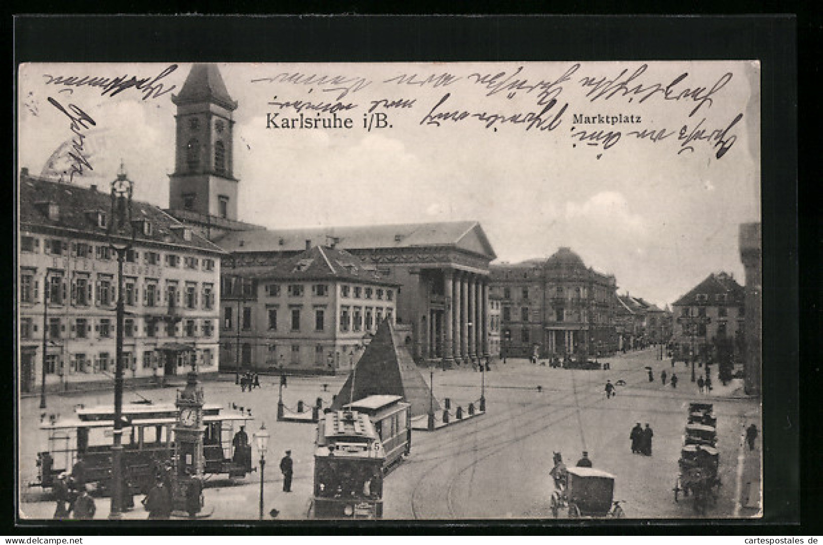 AK Karlsruhe I. B., Marktplatz Mit Strassenbahnen  - Tramways