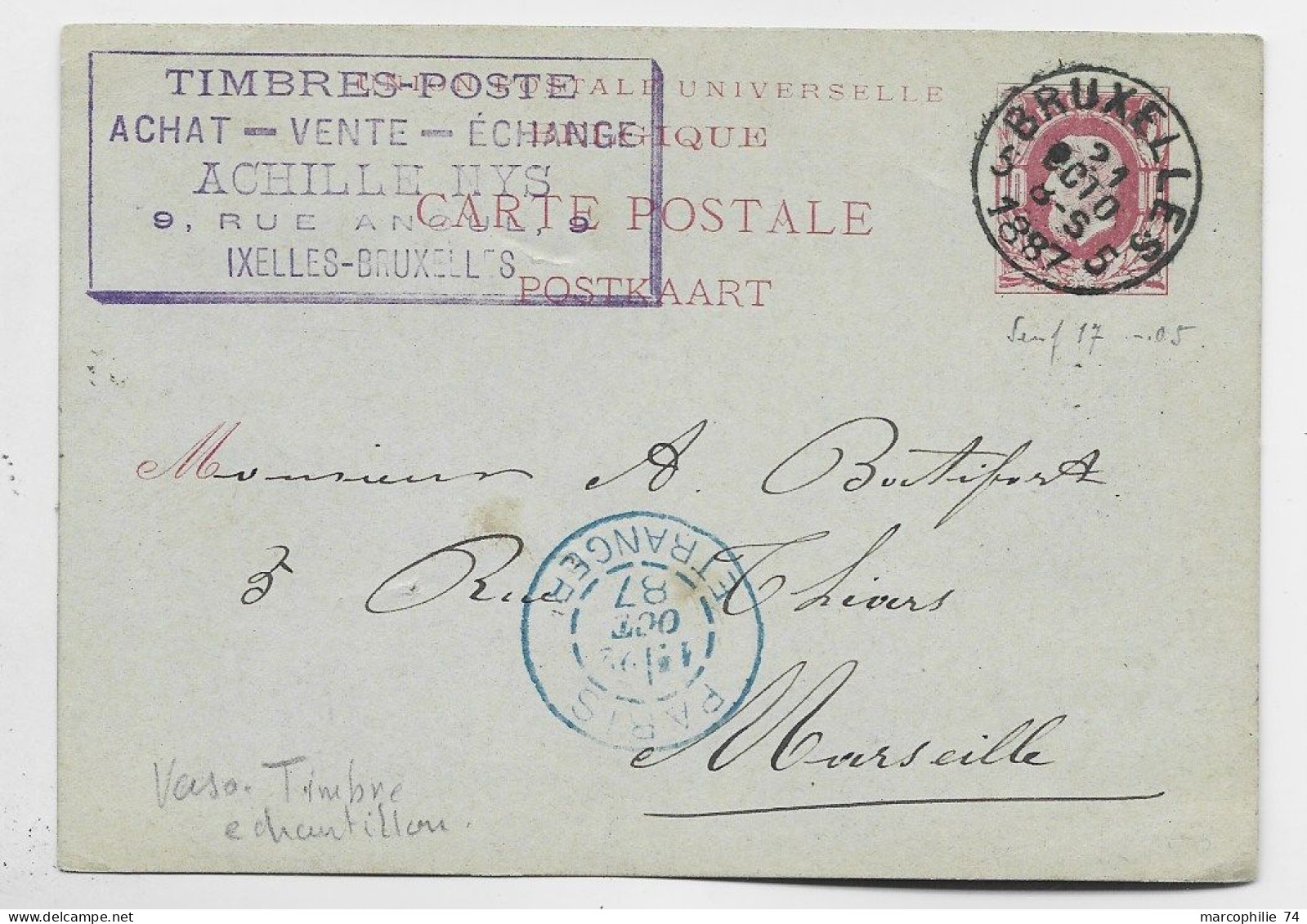 HELVETIA SUISSE TIMBRE TELEGRAPHE 5C COLLEE SUR ENTIER BELGE BRUXELLES 1887 POUR MARSEILLE - Telegrafo