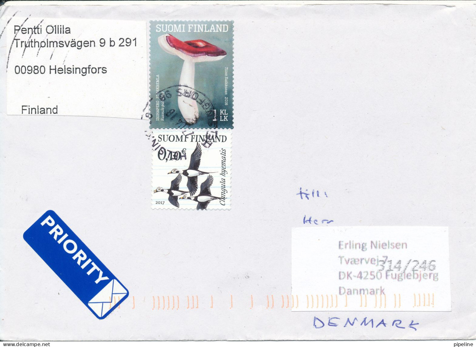 Finland Cover Sent To Denmark 27-4-2018 Topic Stamps BIRDS And MUSHROOMS - Briefe U. Dokumente