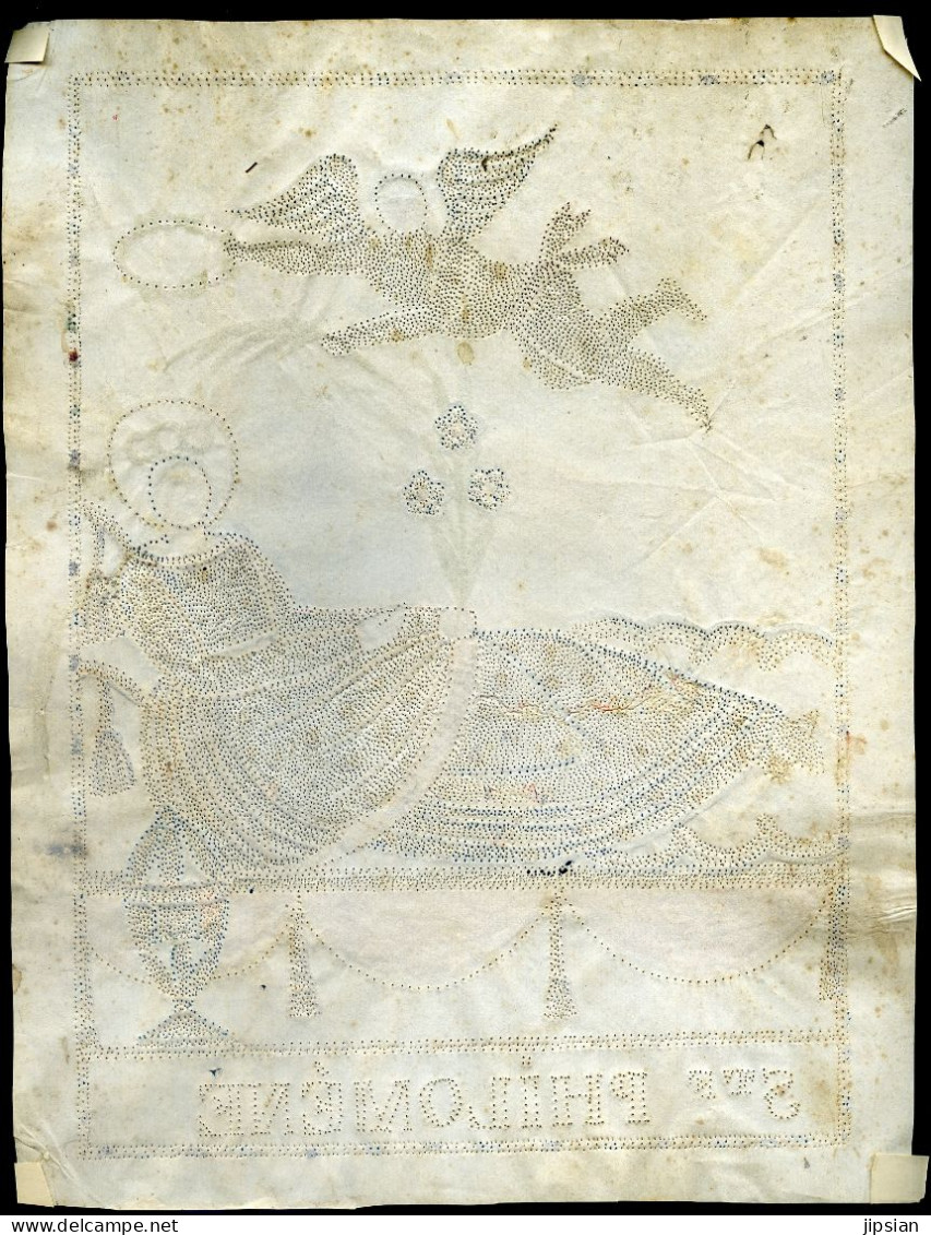 Rare Canivet 18ème (26,8 X 20,4 Cm) Piqué Aiguille Fait Main Gouachée Holy Card - Sainte Philomène - Image Pieuse - 5 - Imágenes Religiosas