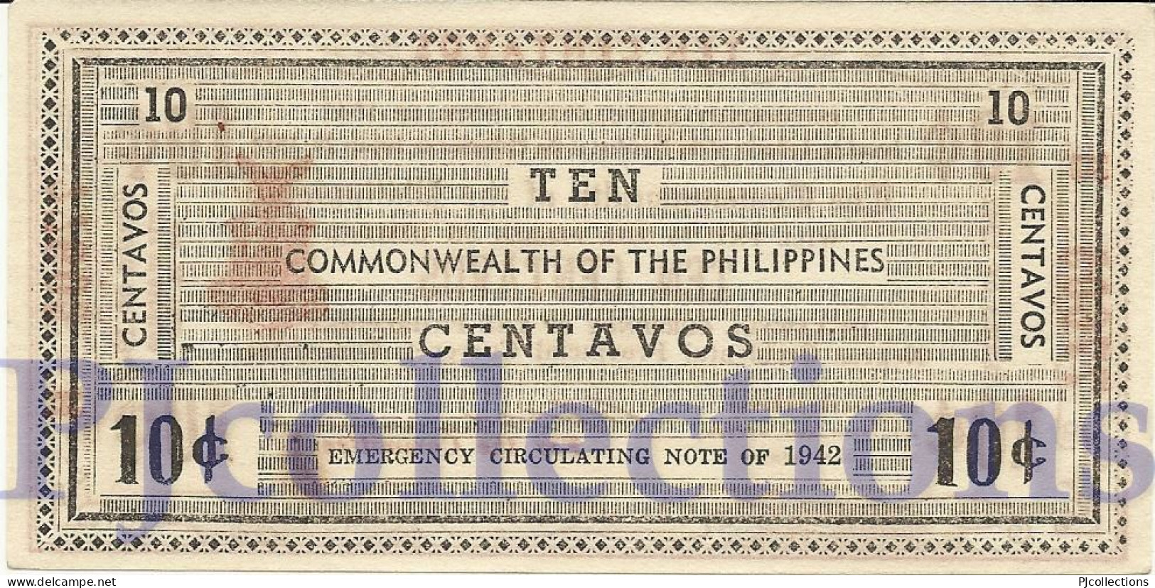 PHILIPPINES 10 CENTAVOS 1942 PICK S643a AUNC EMERGENCY NOTE - Philippines