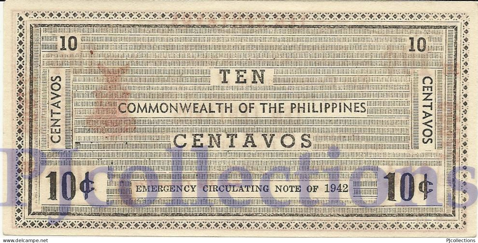 PHILIPPINES 10 CENTAVOS 1942 PICK S643a AUNC EMERGENCY NOTE - Filippine