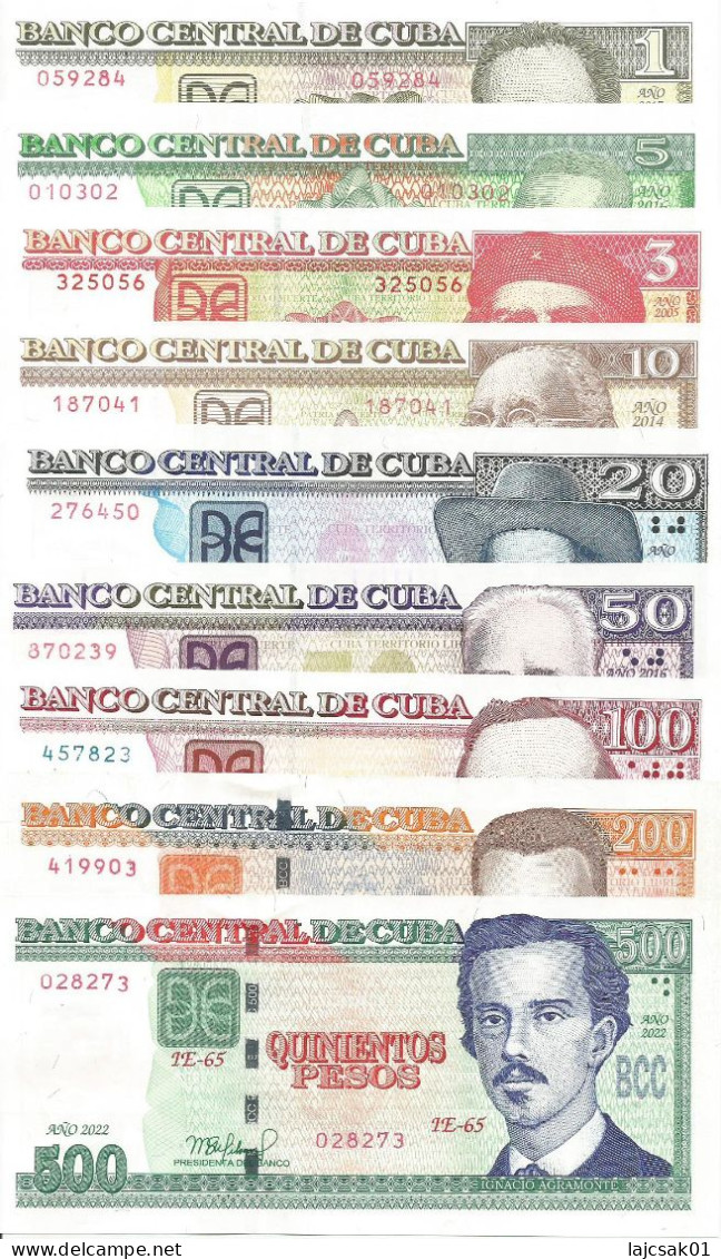 Cuba 2005 - 2022. UNC Set : 1 3 5 10 20 50 100 200 500 Pesos - Kuba