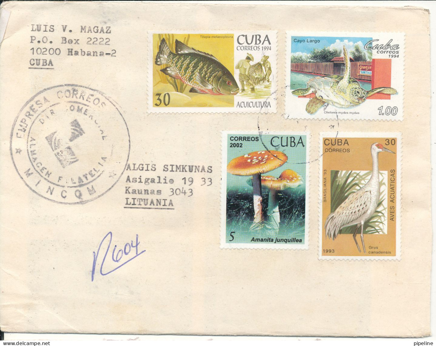 Cuba Registered Cover Sent To Lithuania 2003 FISH TURTLE MUSHROOMS BIRD - Brieven En Documenten