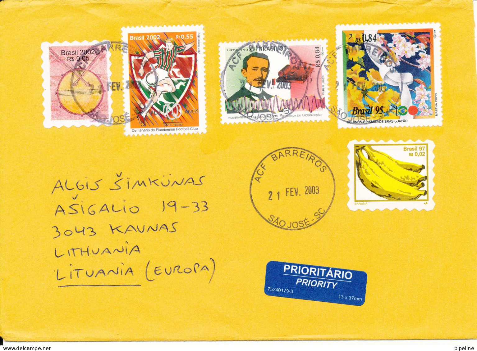 Brazil Cover Sent To Lithuania 21-2-2003 With More Topic Stamps - Storia Postale