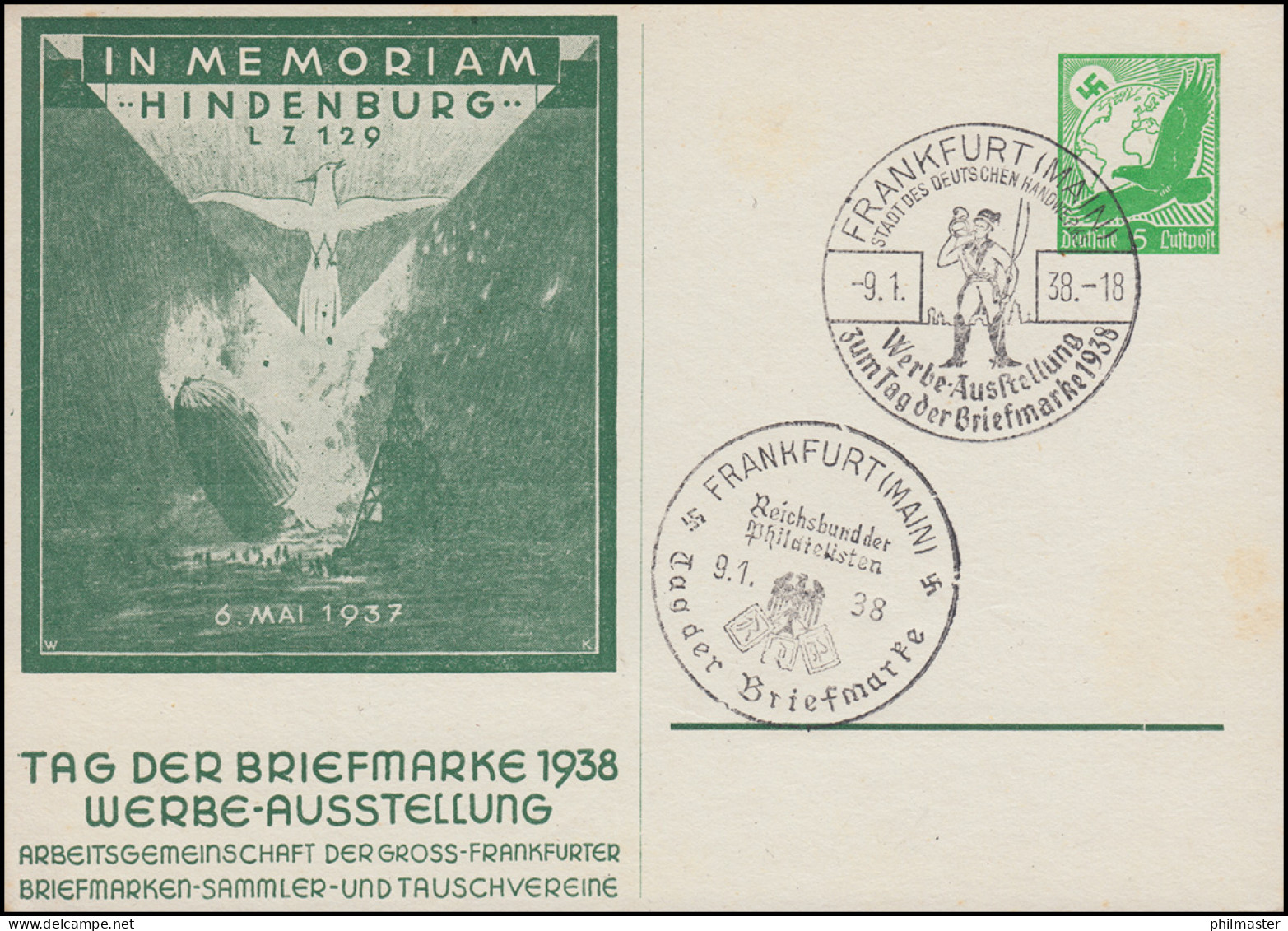 PP 142 Im Memoriam Hindenburg LZ 129 - Tag Der Briefmarke 2 SSt FRANKFURT 9.1.38 - Journée Du Timbre