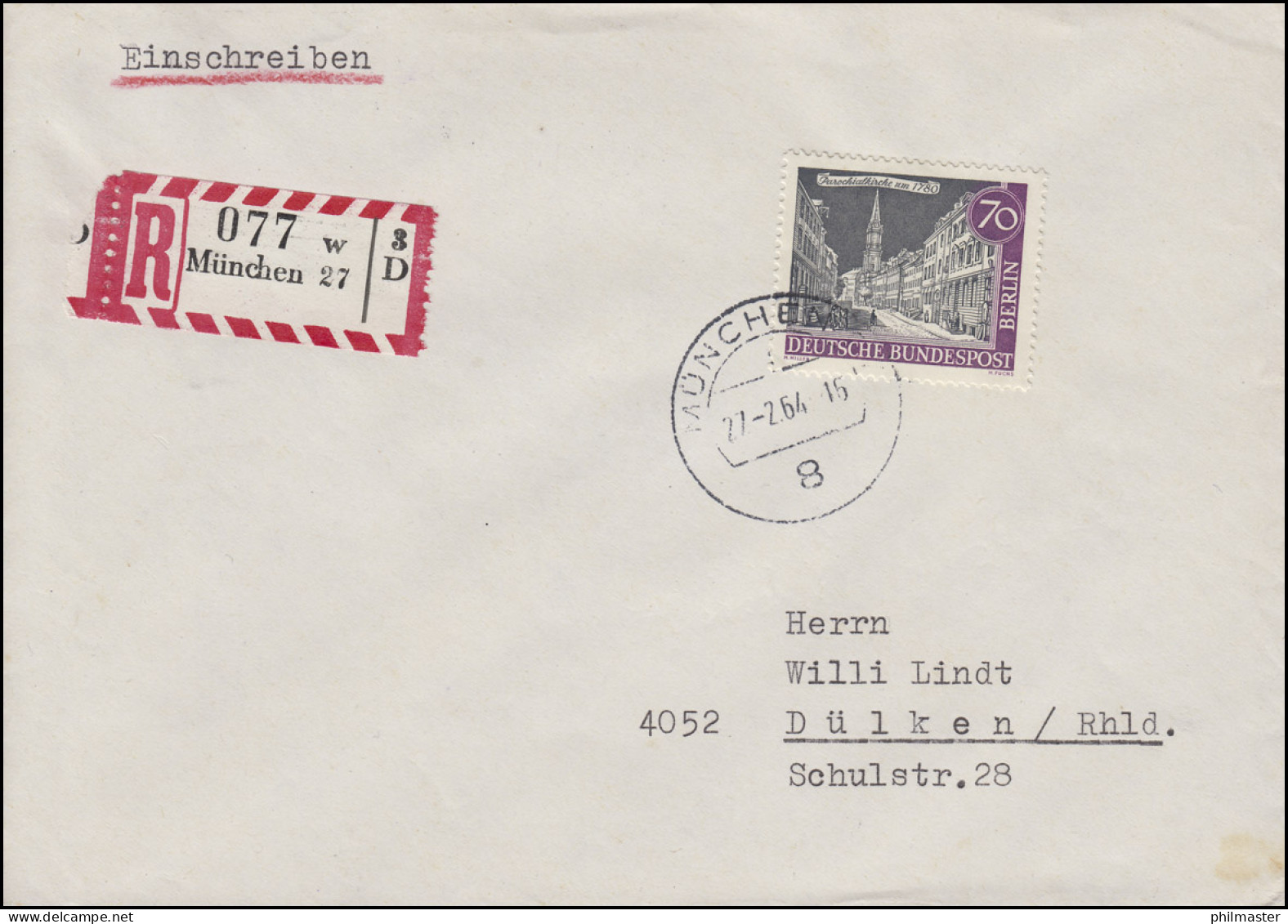 226 Alt-Berlin 70 Pf Parchiakirche R-Brief MÜNCHEN 27.2.64 Nach Dülken 29.2.64 - Cartas & Documentos