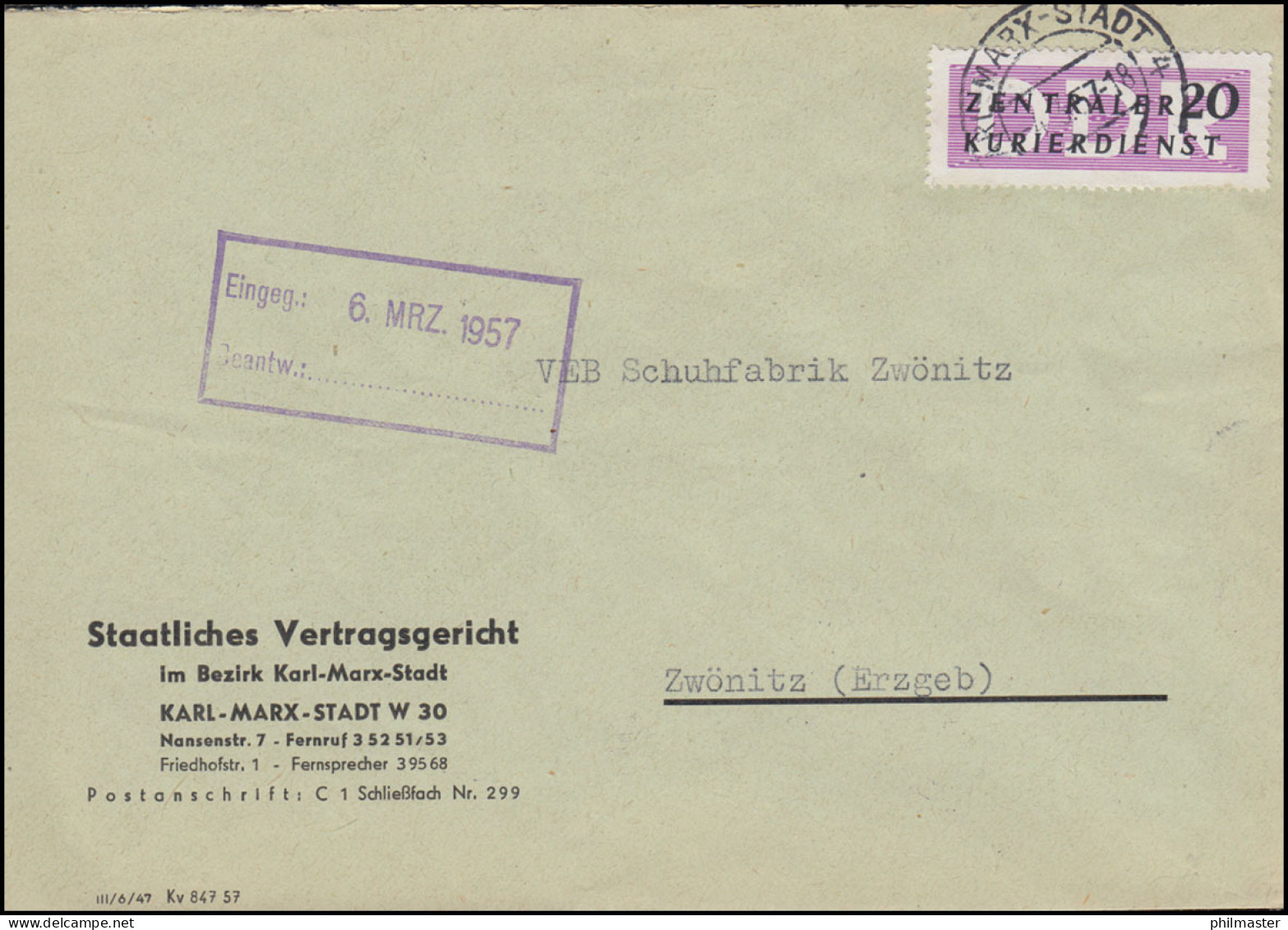 Dienst B ZKD 7 XII Brief Staatliches Vertragsgericht KARL-MARX-STADT 4.3.1957 - Covers & Documents