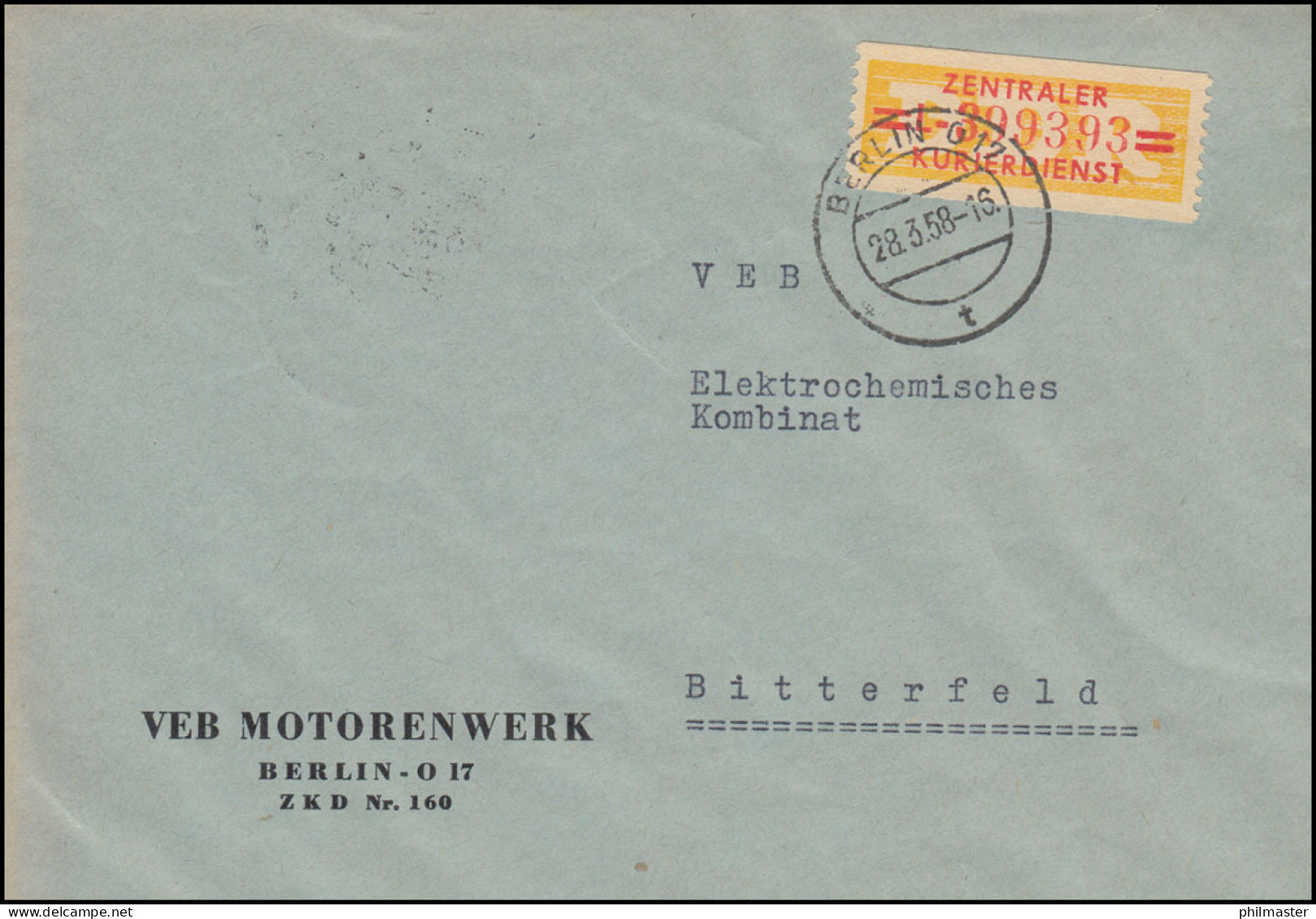 17-L Dienst-B Billett Kleine Nummer 399393 Auf Brief Motorenwerk BERLIN 28.3.58 - Briefe U. Dokumente