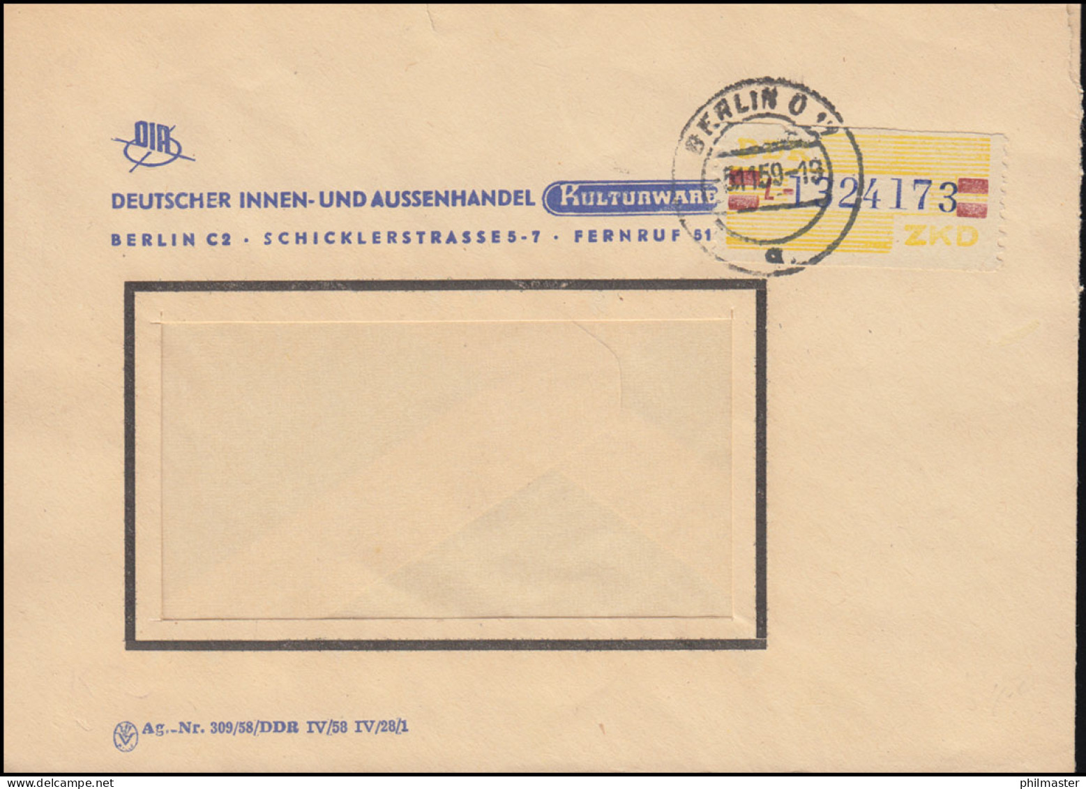 25-L Dienst-B Billett Mit Kleiner Nummer 1324173 Brief Kulturwaren BERLIN 1959 - Covers & Documents