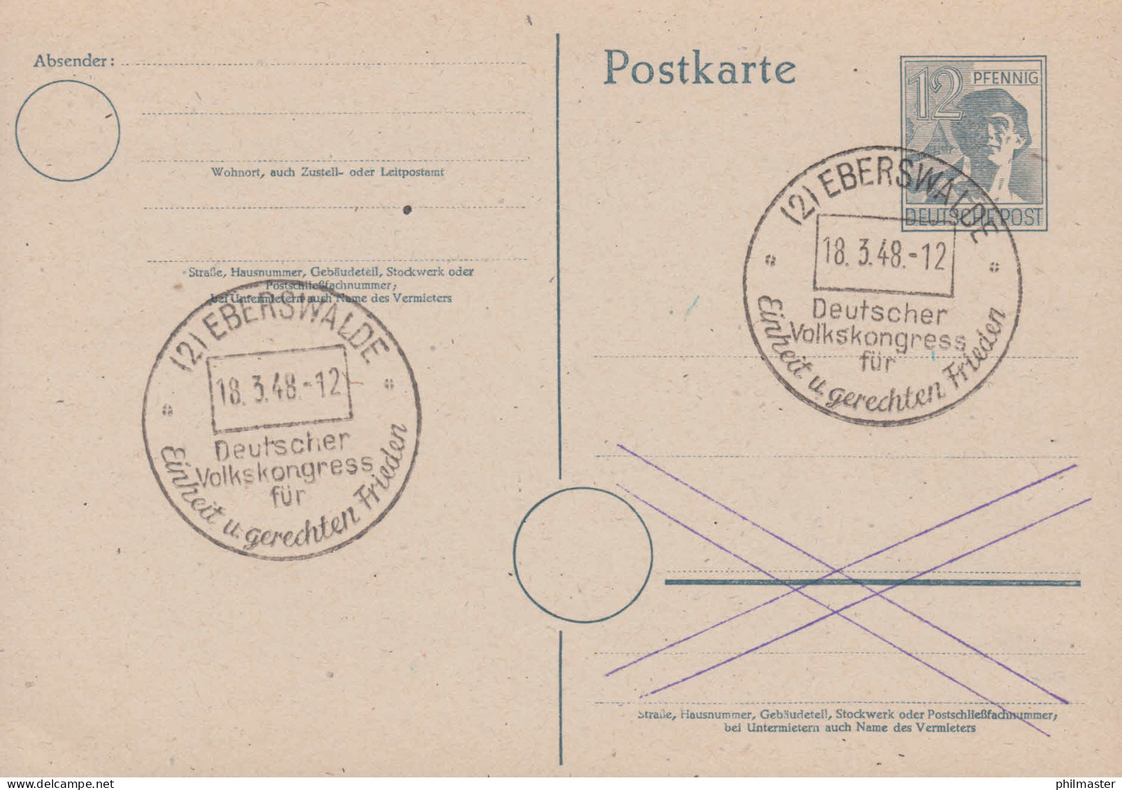 SSt EBERSWALDE Deutscher Volkskongress Frieden 18.3.1948 Auf Postkarte P 962 - Gebraucht