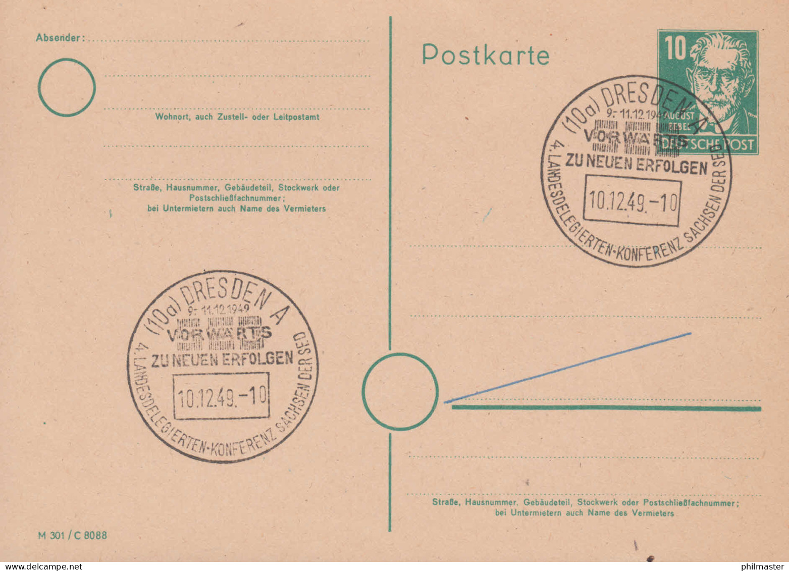 SSt LEIPZIG SED-Konferenz 10.12.1949 Auf Postkarte P 35/01 Bebel DV M 301 C 8088 - Afgestempeld
