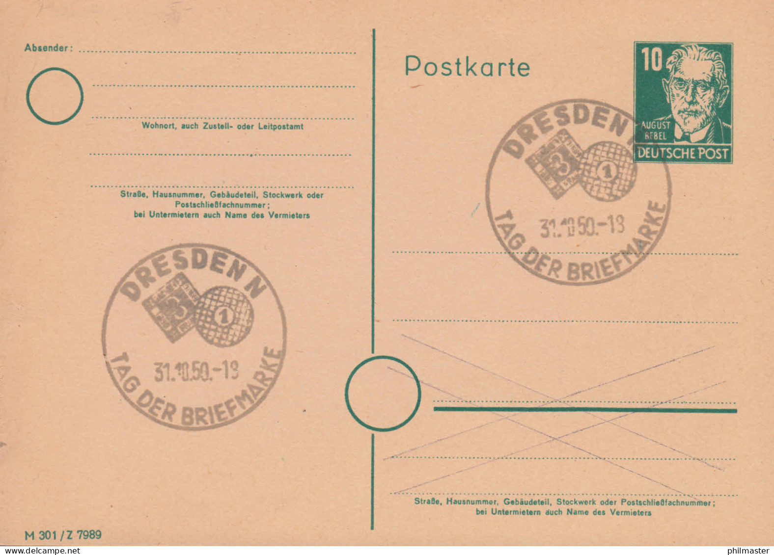 SSt DRESDEN Tag Der Briefmarke 31.10.50, Postkarte P 35/05 Bebel DV M 301 Z 7989 - Oblitérés