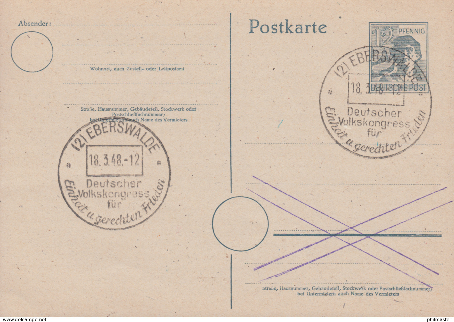 SSt EBERSWALDE Deutscher Volkskongress Einheit 18.3.1948 Auf Postkarte P 962 - Afgestempeld