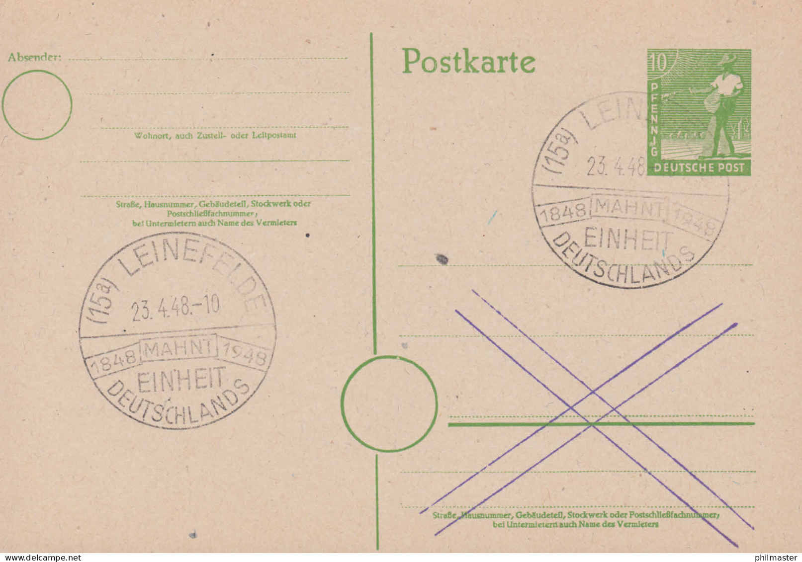 SSt LEINEFELDE 1848-1948 Mahnt Einheit Deutschlands 23.4.48 Auf Postkarte P 961 - Usati