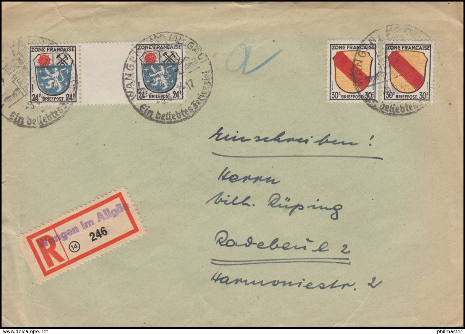 9 ZW Wappen Zwischenstegpaar Mit 10 Wappen 30 Pf. MiF R-Bf. SSt WANGEN 9.6.1947 - Amtliche Ausgaben