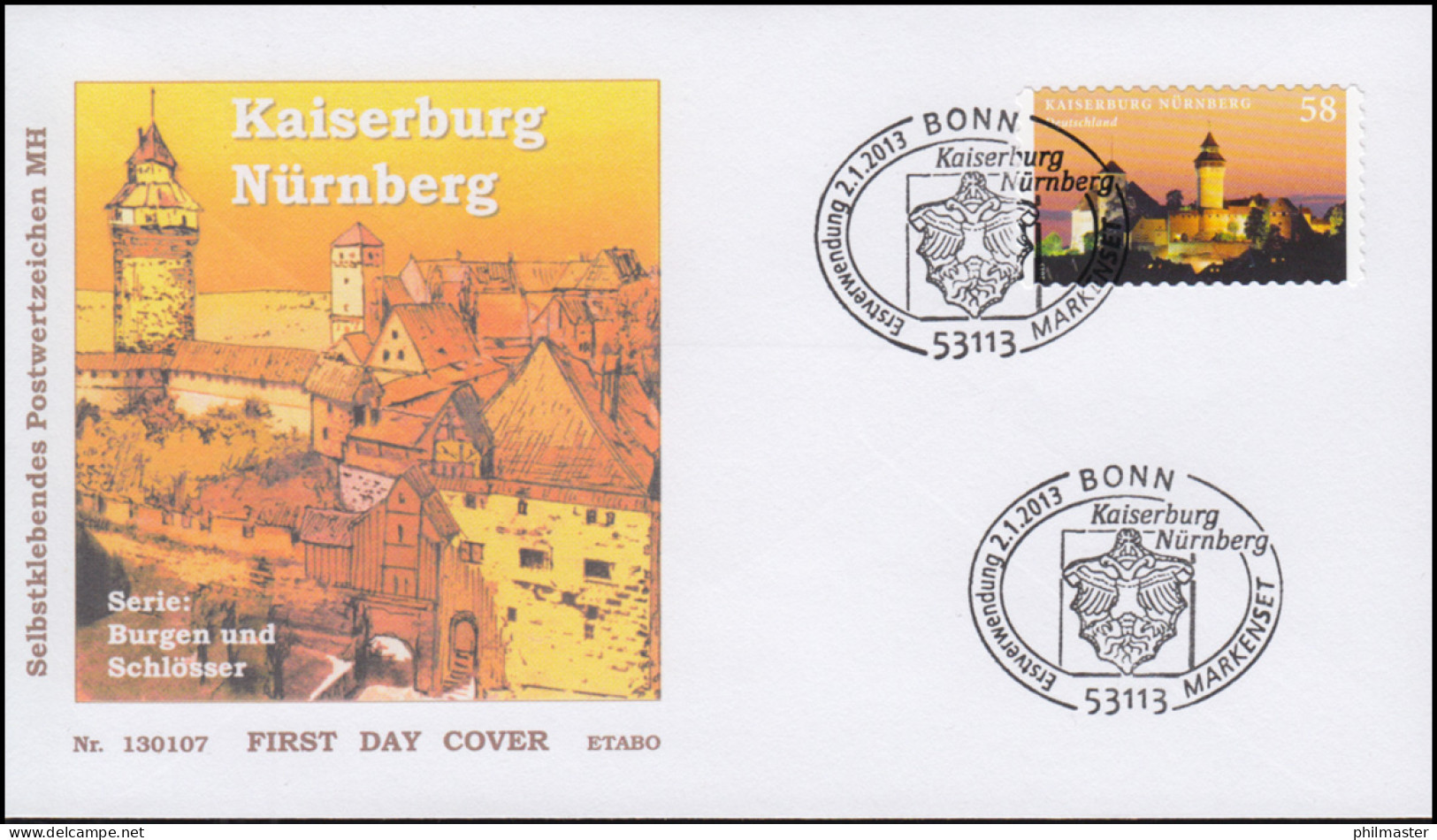 2978 Kaiserburg Nürnberg, Selbstklebend, Schmuck-FDC EV-O BONN - Covers & Documents