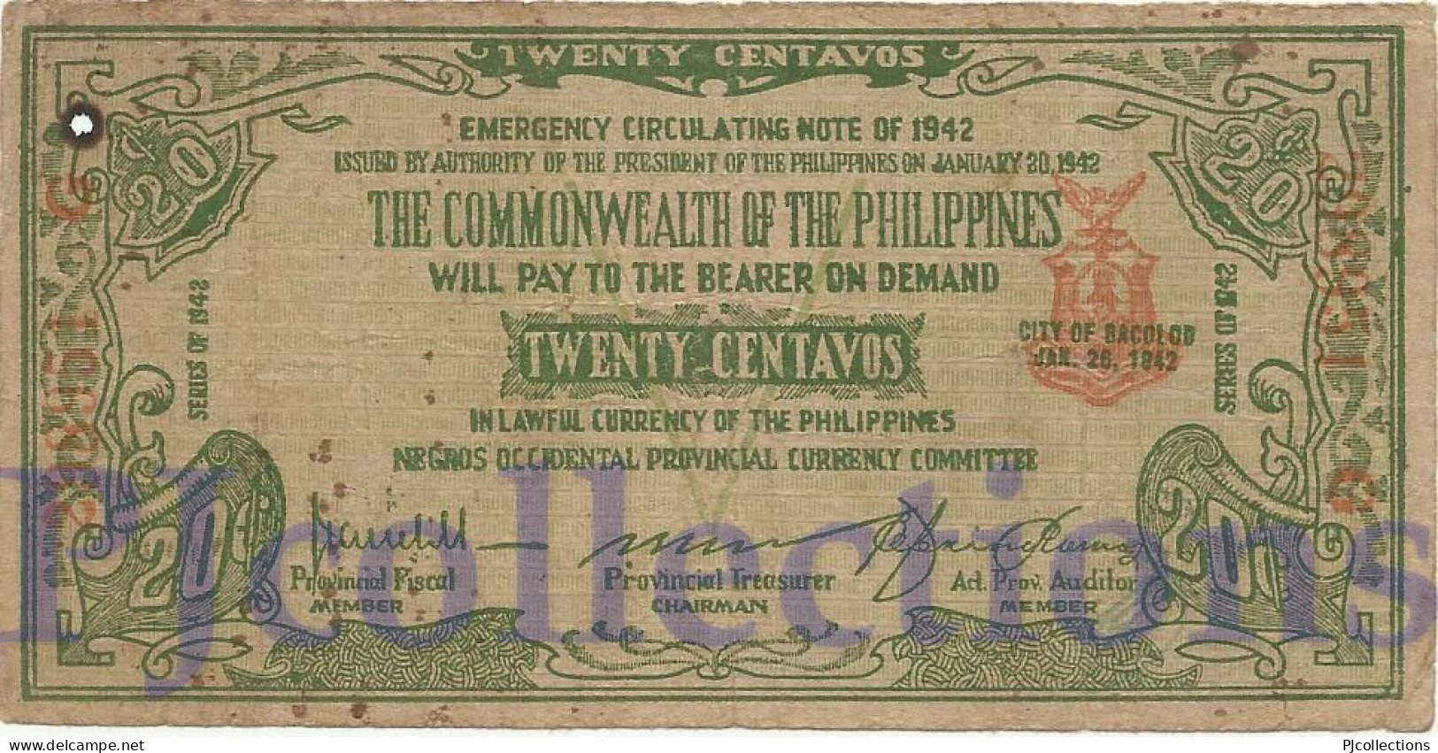 PHILIPPINES 20 CENTAVOS 1942 PICK S644 AVF W/HOLE EMERGENCY NOTE - Philippinen