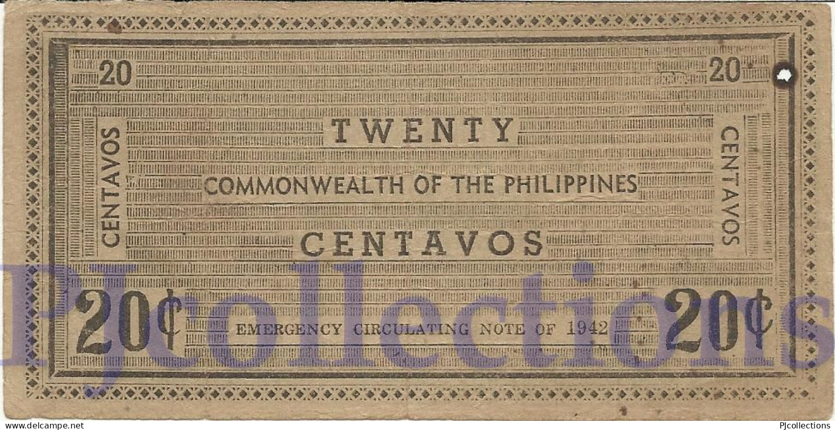 PHILIPPINES 20 CENTAVOS 1942 PICK S644 AVF W/HOLE EMERGENCY NOTE - Philippinen