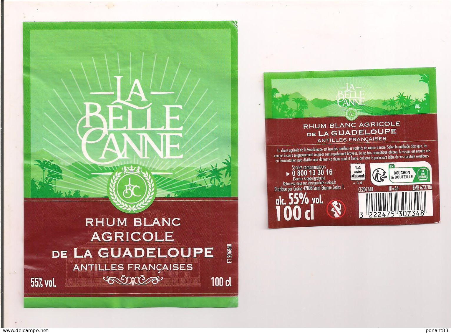 Etiquette Décollée Rhum Agricole Blanc " La Belle Canne " -55% 100 Cl -  GUADELOUPE - - Rhum