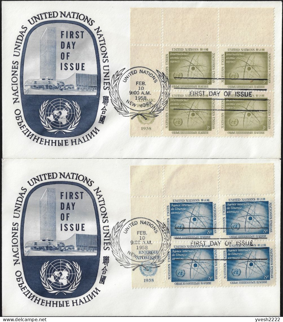 Nations-Unies ONU New York 1958 Y&T 56 Et 57 En Blocs De 4 Sur FDC. Agence  Internationale De L'énergie Atomique - Atomo