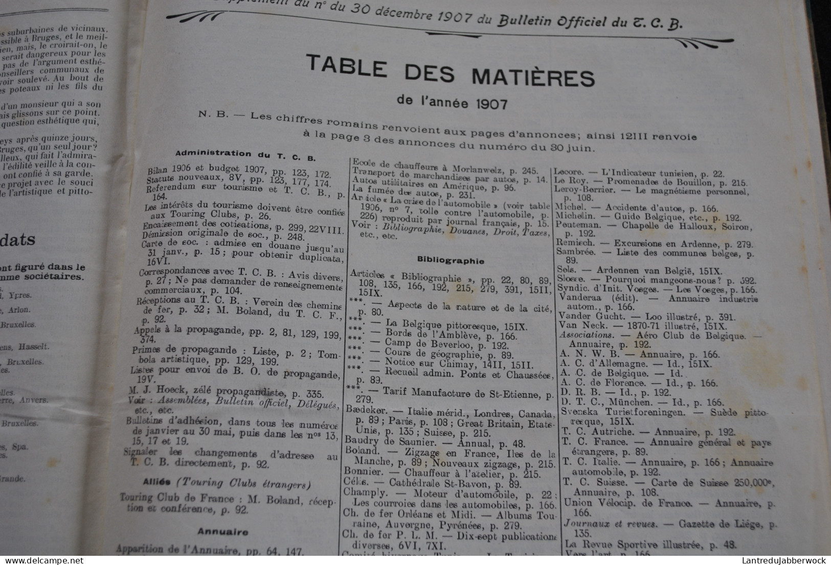 ANNUEL 1907 Bulletin officiel Touring Club de Belgique Alliance des touristes 13è année Régionalisme Tourisme Voyages