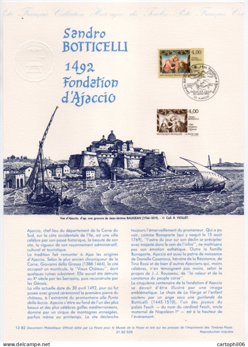 - Document Premier Jour SANDRO BOTTICELLI - 1492-1992 Fondation D'Ajaccio - - Documents De La Poste