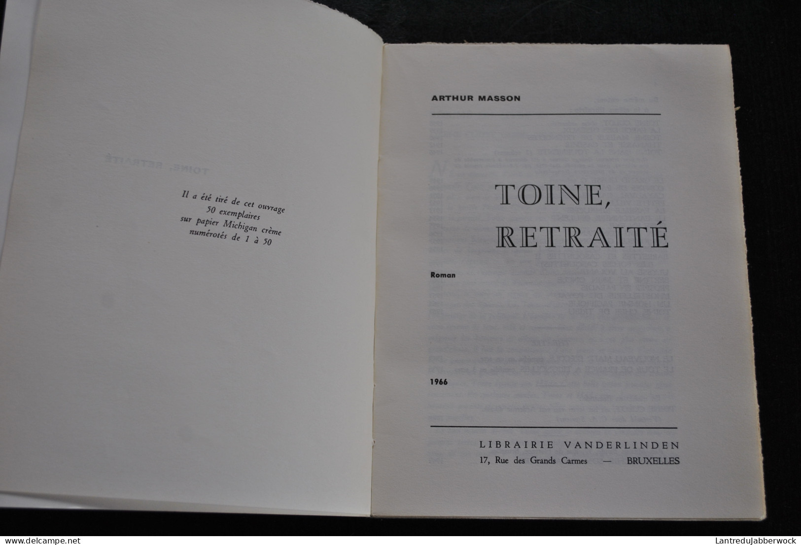 Arthur Masson Toine Retraité Librairie VANDERLINDEN 1966 EO Jean Fivet Ecrivain Roman Régionaliste Belge Régionalisme - België