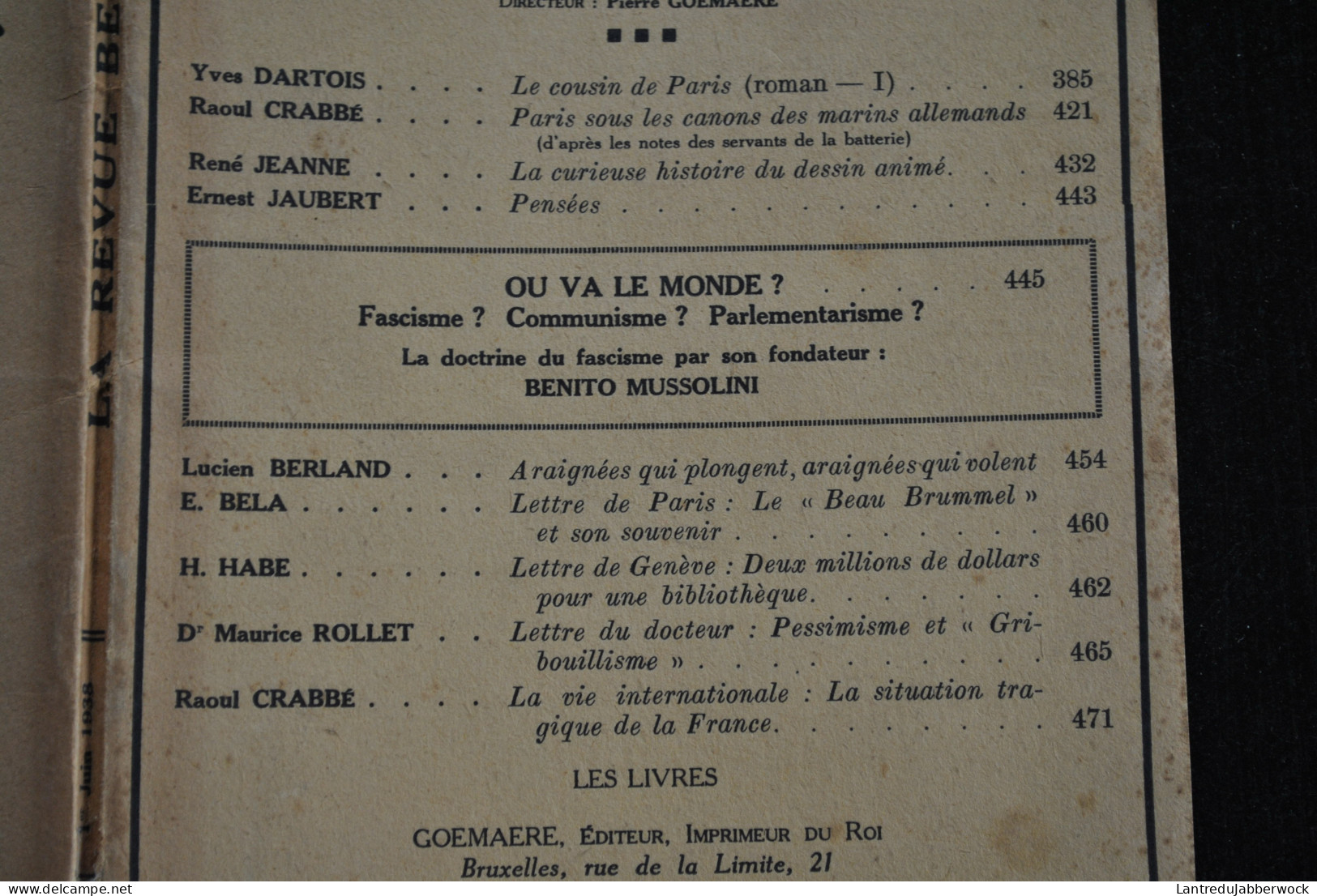 Pierre GOEMAERE La Revue Belge Juin 1938 T2 N°5 Pub Publicité Journal L'Indépendance Ostende Douvres Côte D'Or Packard - België