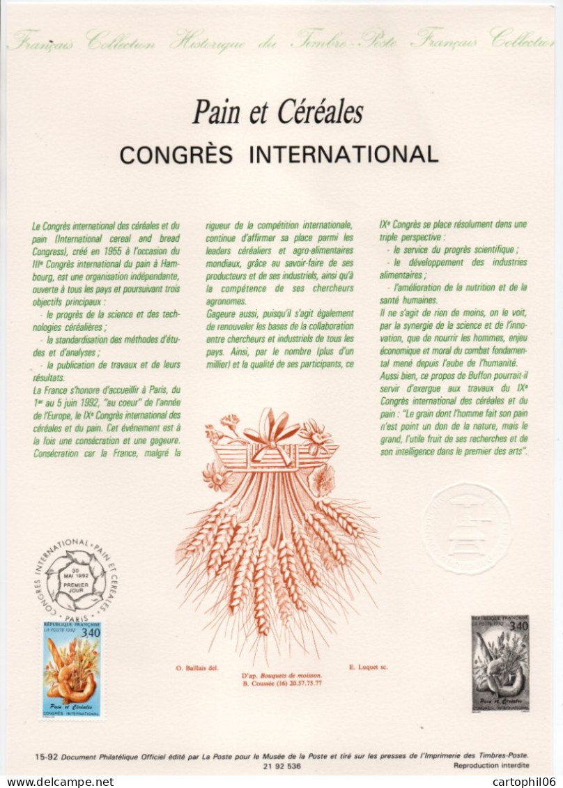 - Document Premier Jour LE CONGRÈS INTERNATIONAL PAIN ET CÉRÉALES - PARIS 30.5.1992 - - Documents De La Poste