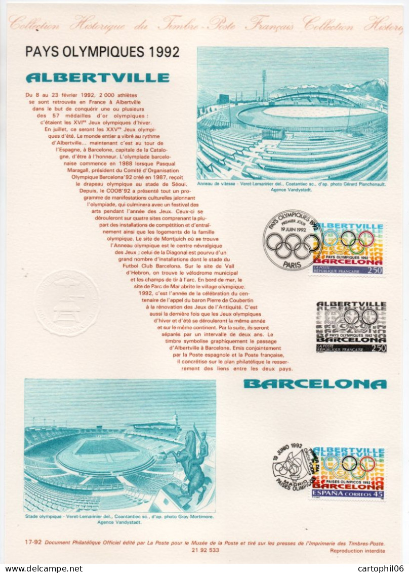 - Document Premier Jour JEUX OLYMPIQUES BARCELONE Et ALBERTVILLE - PARIS 19.6.1992 - - Verano 1992: Barcelona